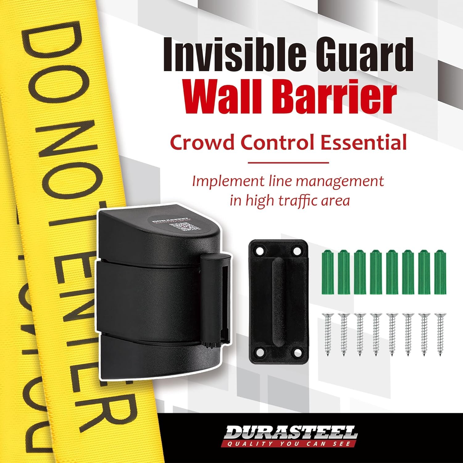 DuraSteel Wall Mount Crowd Control Retractable Belt Barrier – 6.5 Ft Yellow Do N