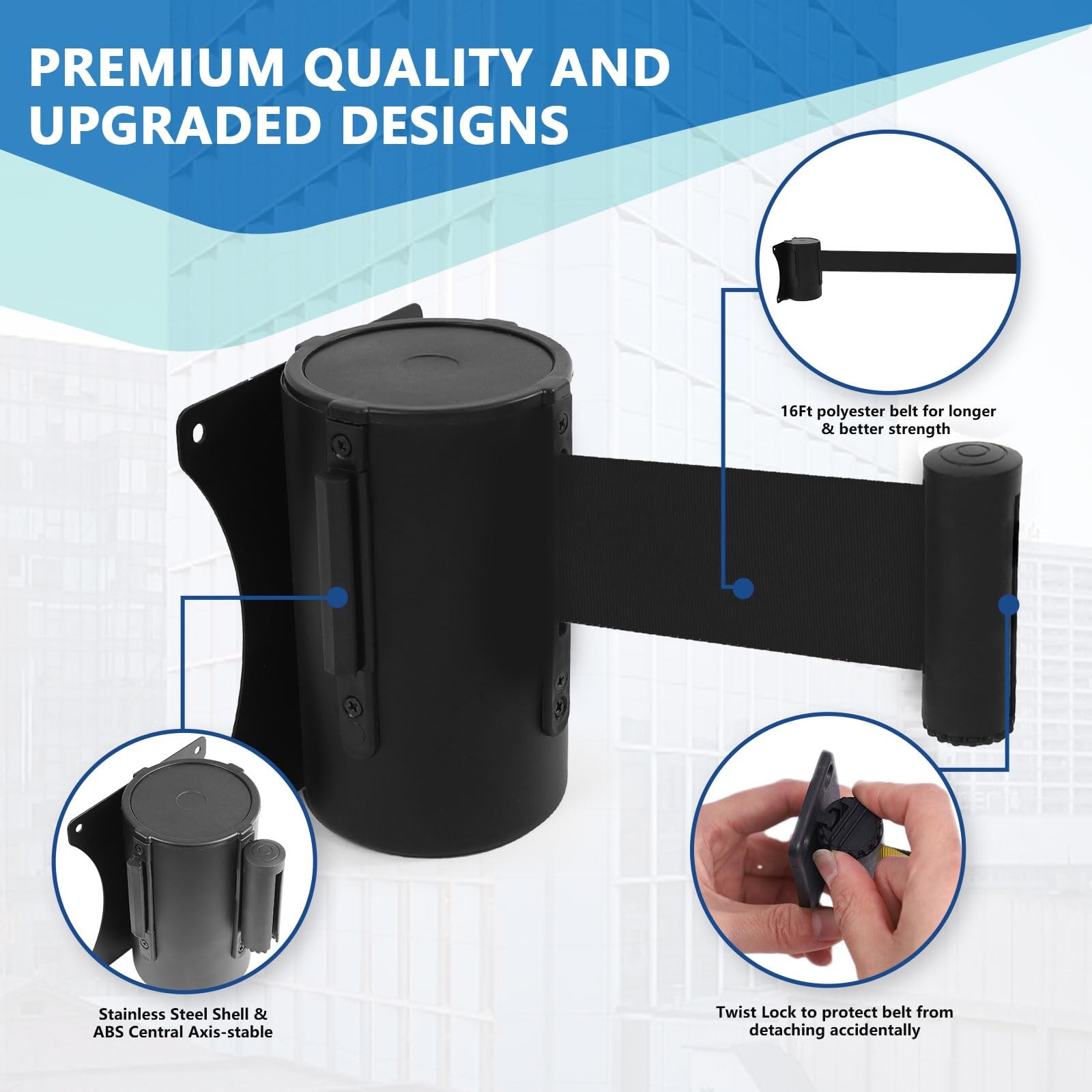 2 PCS Wall Mount Retractable Belt Barrier Steel Case 16 Ft Black Retail