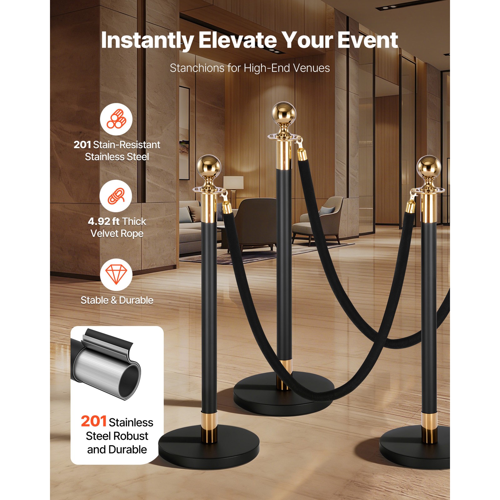 Uimoso 4-Piece Stanchion Set with 2 Black Velvet Ropes and Hollow Base in Black