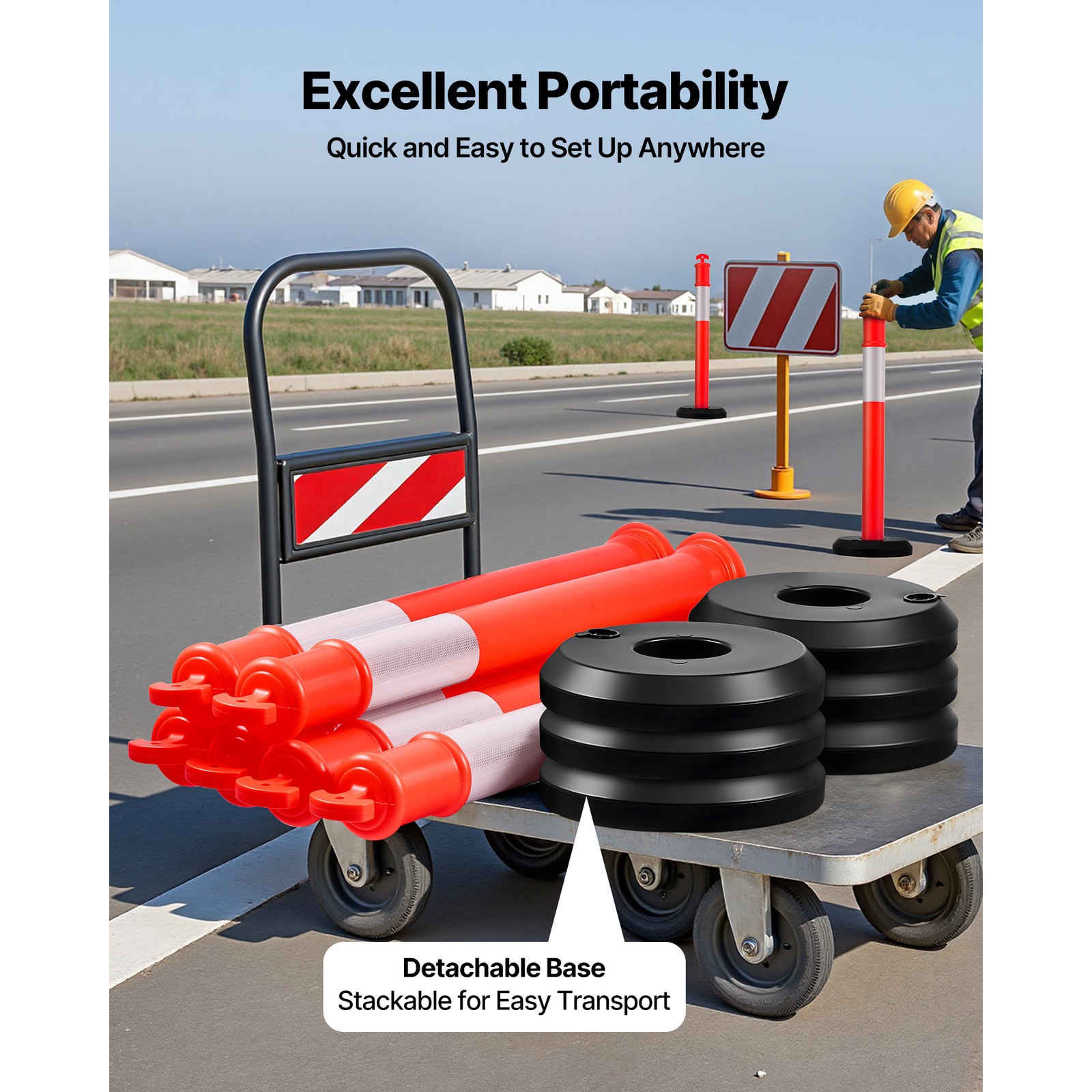 Uimoso Set of 9 Traffic Delineator Posts with Fillable Bases, 45 Inches Tall