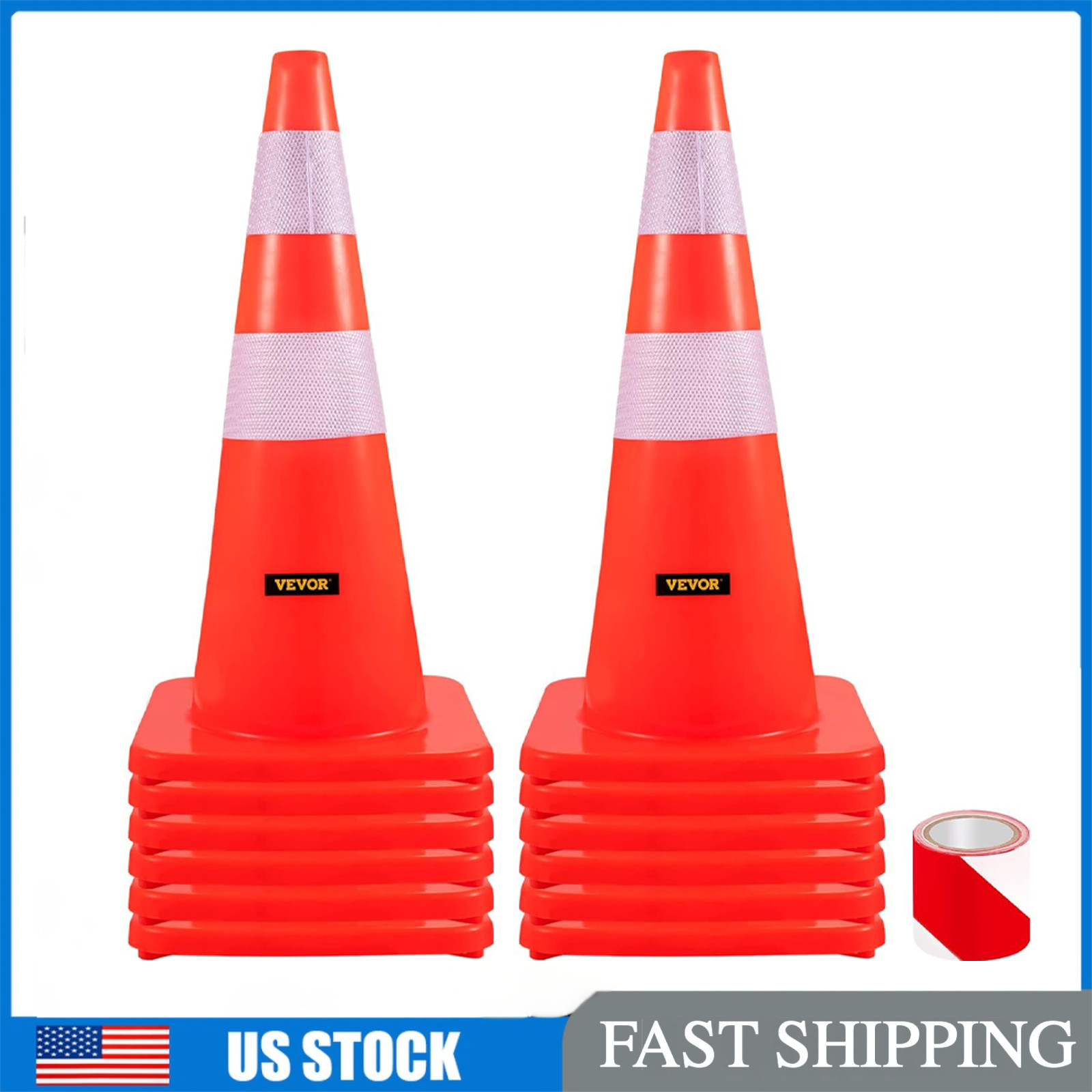 28″ 12Pcs Orange PVC Traffic Cone Reflective Collar Black Base Safety Cone