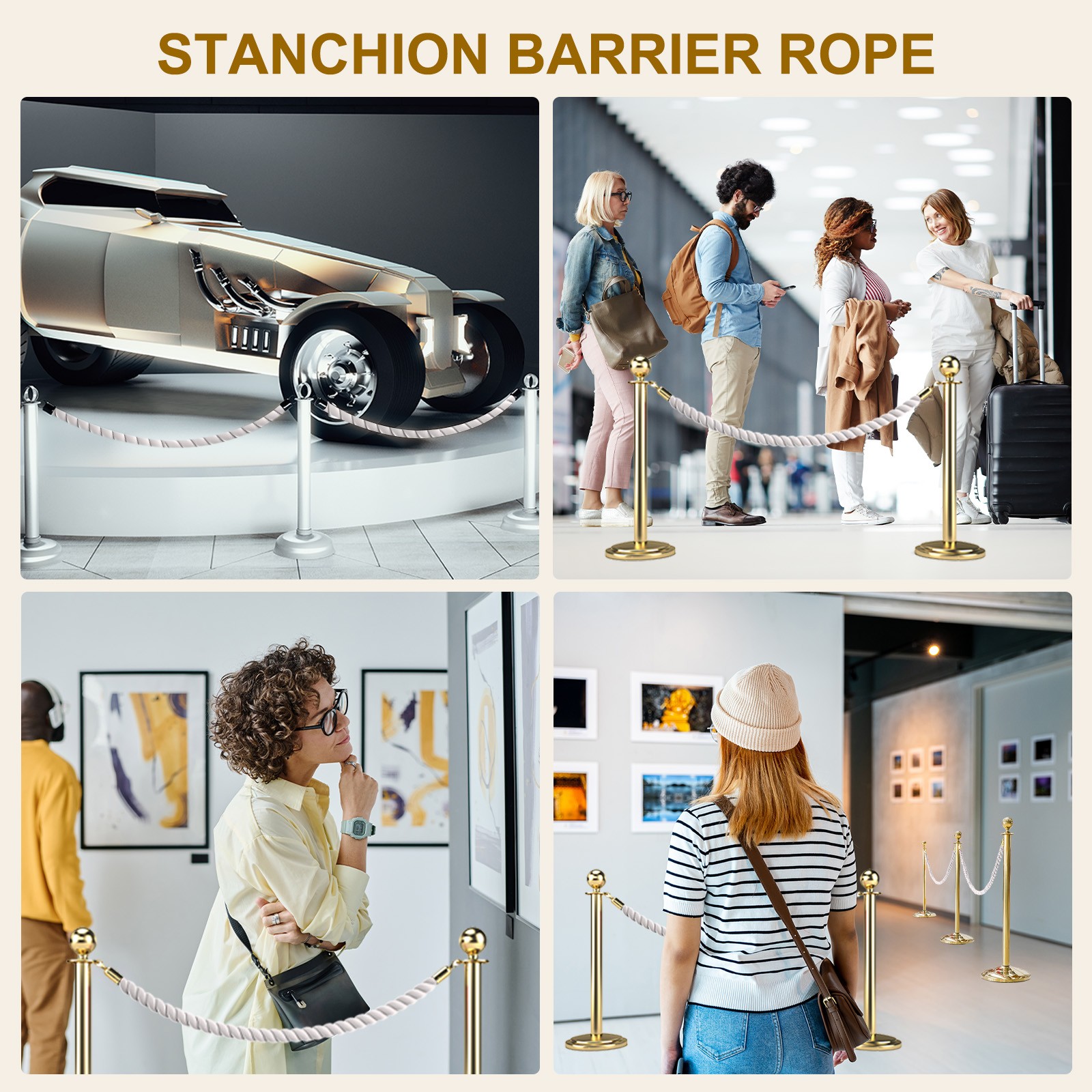 6.6 Ft/2 m Twisted Stanchion Rope Barrier Rope with Hooks White Golden