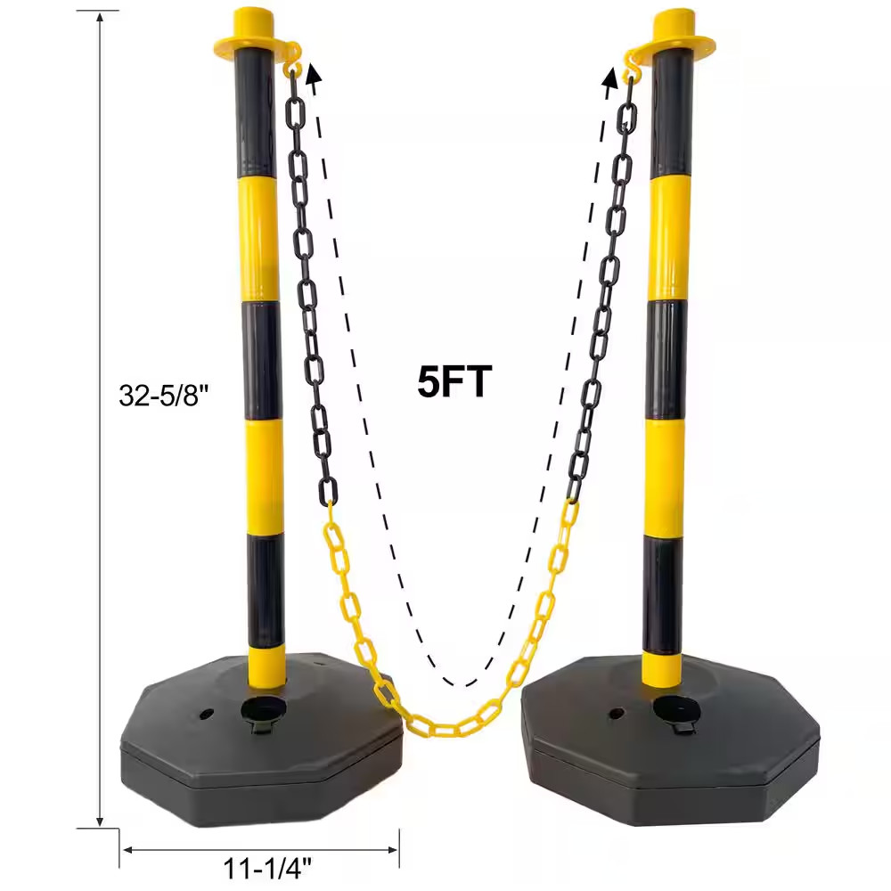 4-Pack Yellow/Black Plastic Safety Barrier Post W/Fillable Base,5Ft Plastic Chai