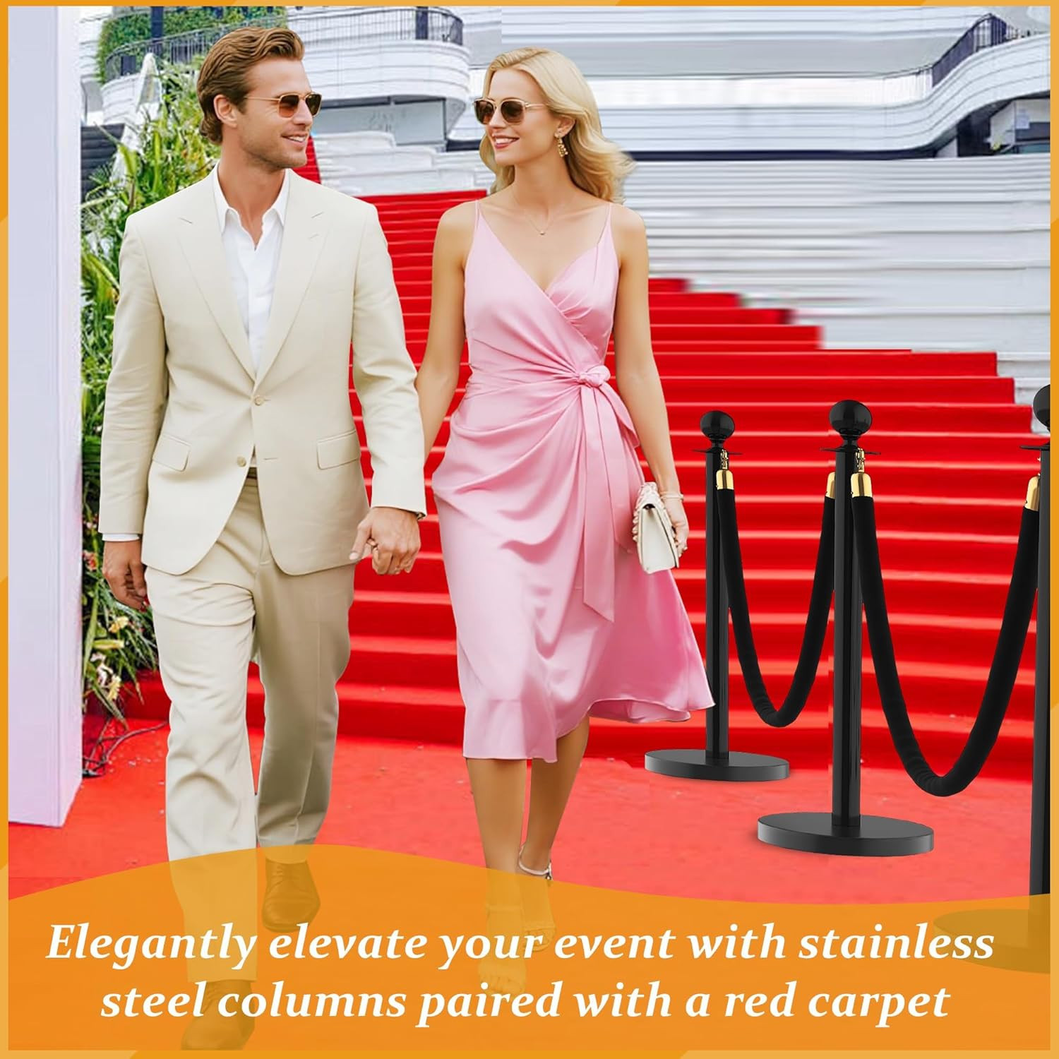 8Pcs Stanchions and Velvet Ropes with 15Ft Red Carpet,Complete Crowd Control Bar
