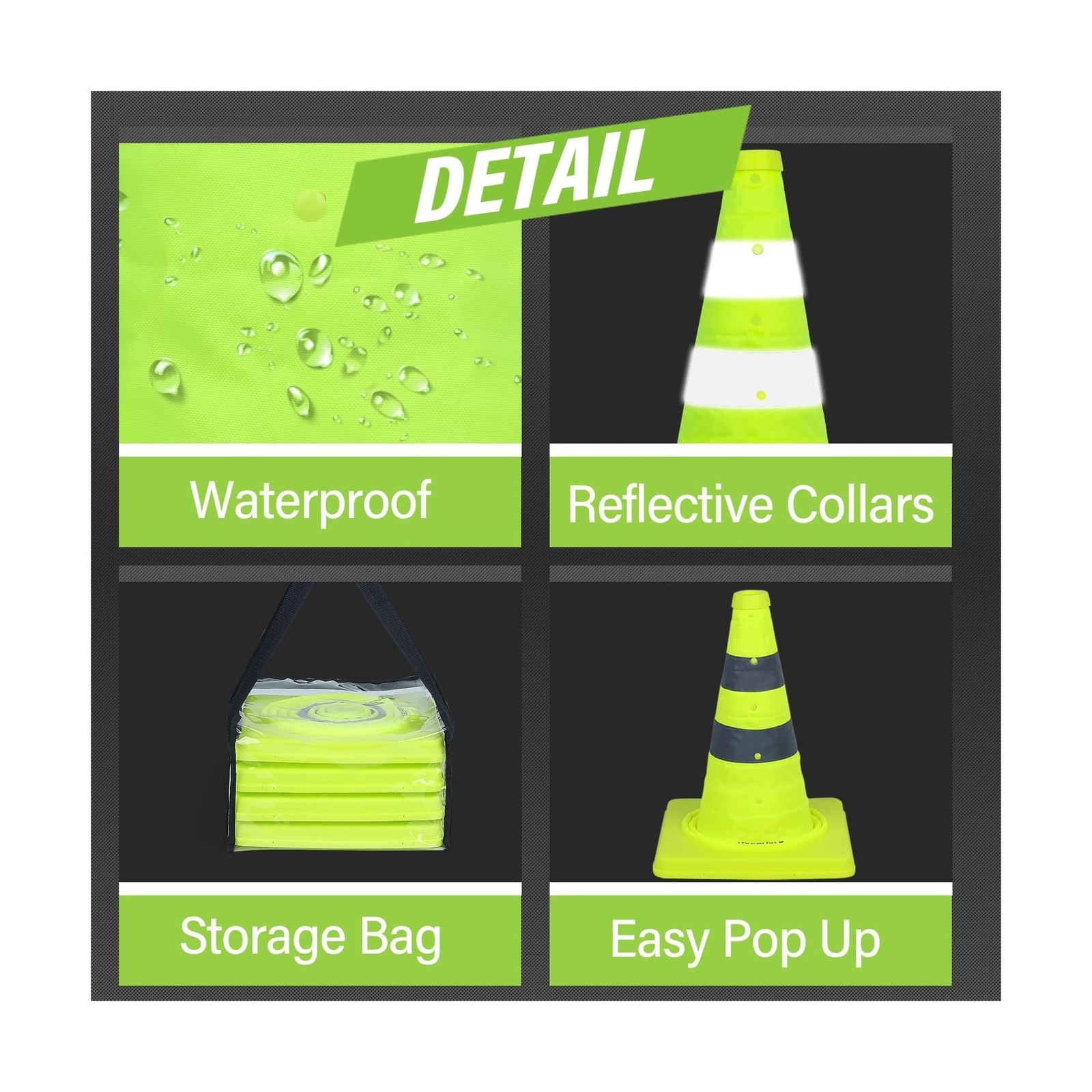 18 Inch [4 Pack] Collapsible Traffic Safety Cones, Lime Green Pop-up Cones wi…