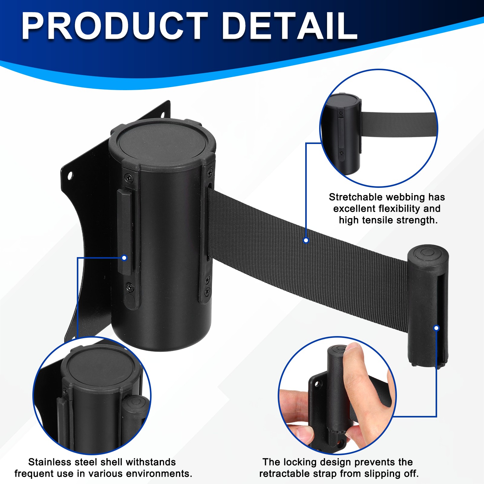 Fixed Wall Mount Retractable Belt Barriers (10 Feet, Black) (1 Pcs)