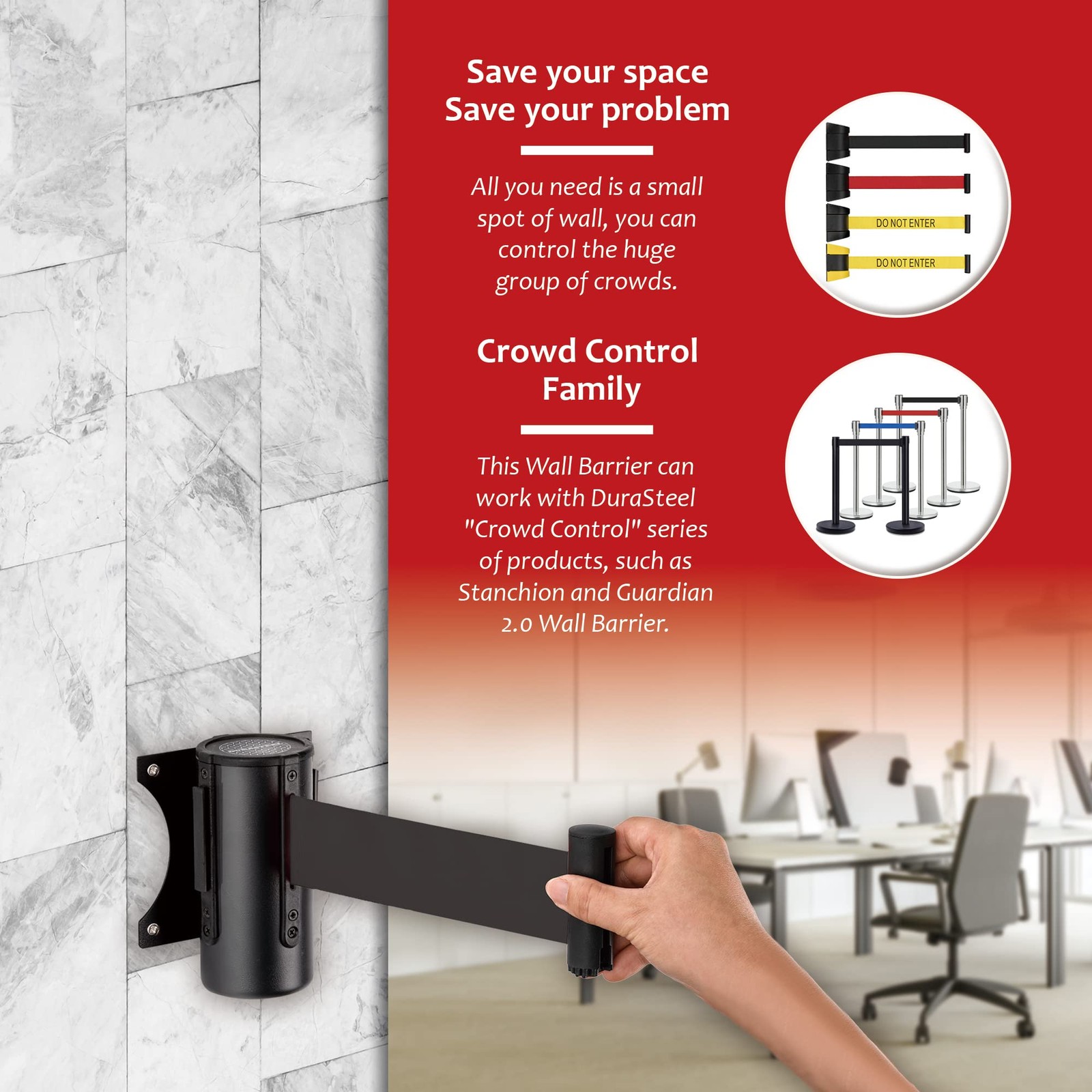 DuraSteel Wall Mount Crowd Control Retractable Belt Barrier – 9.2 Ft Black Re…