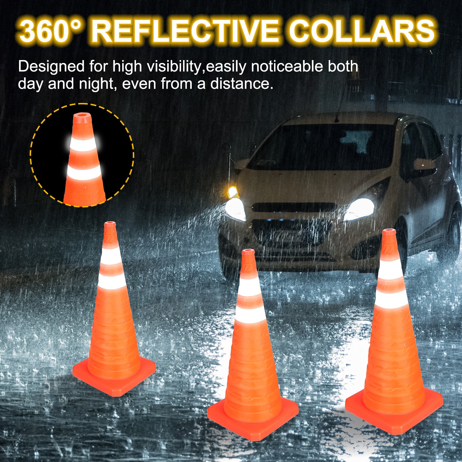 28″ 8 Pack Collapsible Traffic Cones, Safety Cones with Reflective Collar