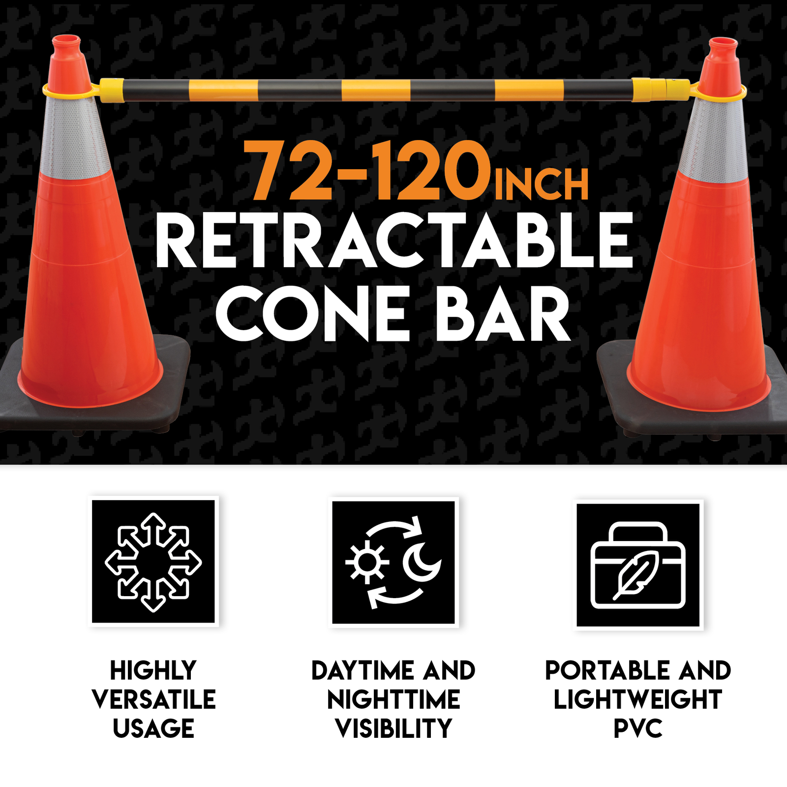 Orange and White Retractable Barrier for Traffic Cones – 2″ OD – 72-120″ 20 Pack