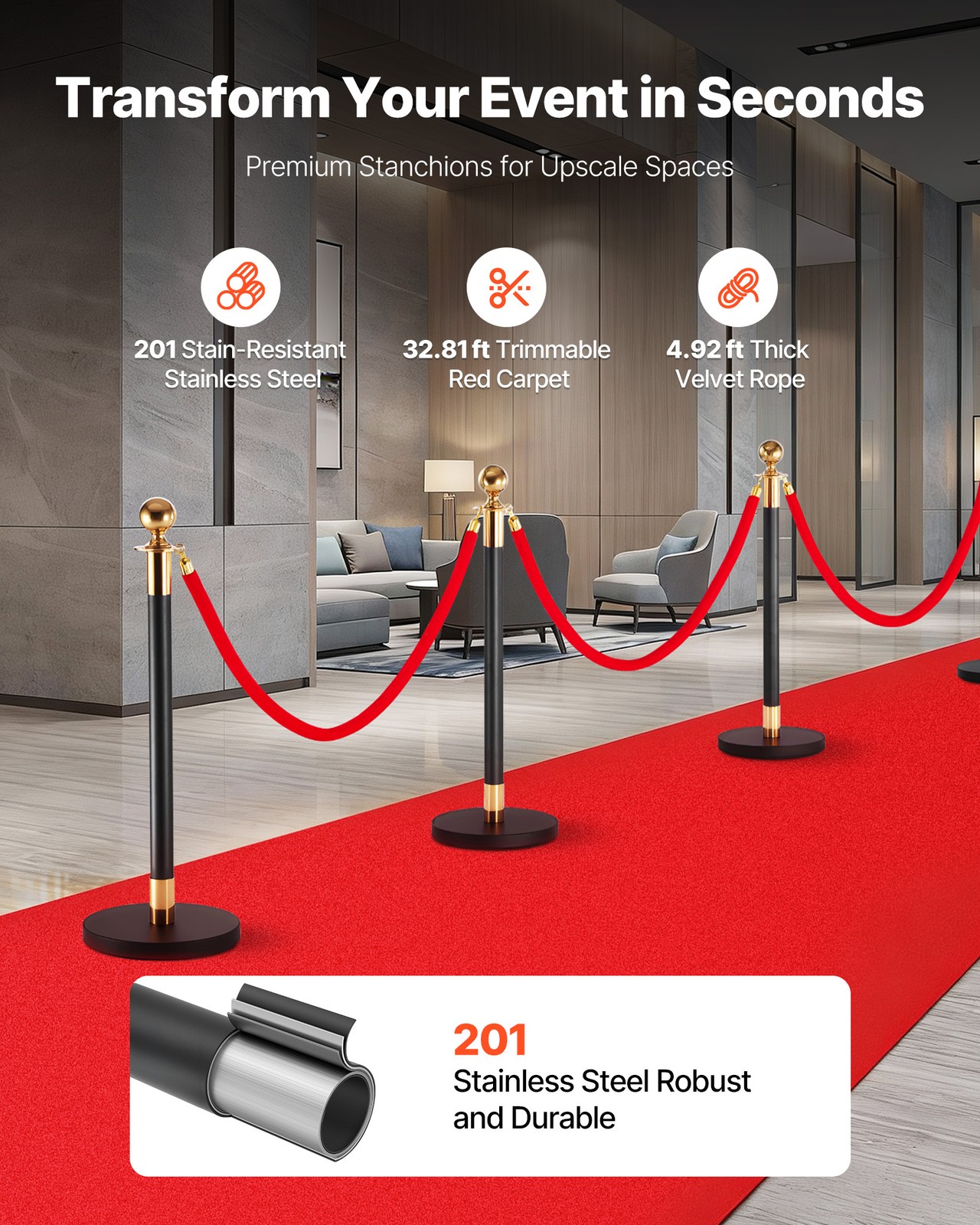 VEVOR 6 Pcs Stanchion Post with Red Carpet & 4 Red Velvet Rope Hollow Base Black
