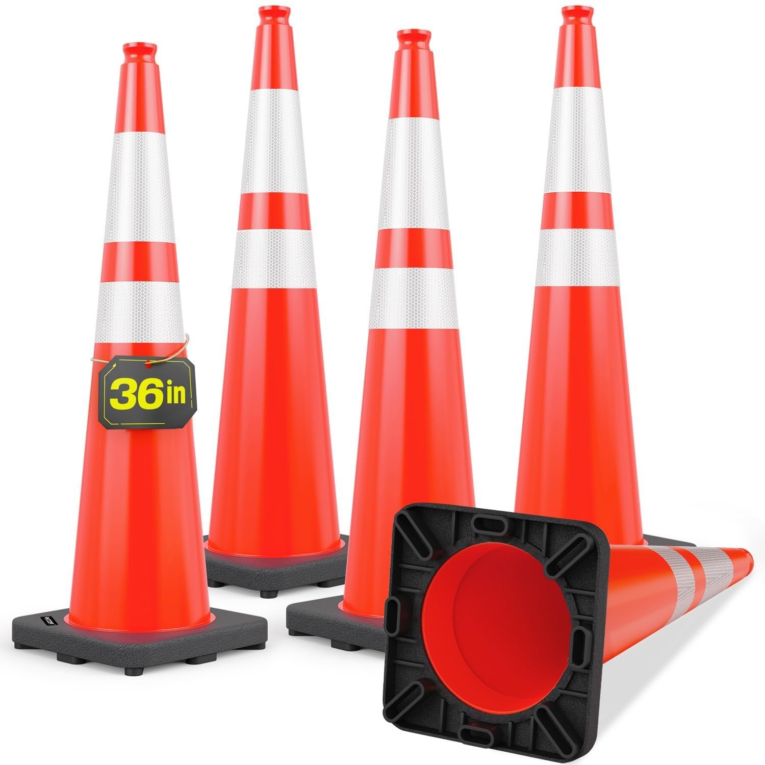 5 Pack 36″ Traffic Cones – Orange PVC Safety Cones with Reflective Collars & Wei
