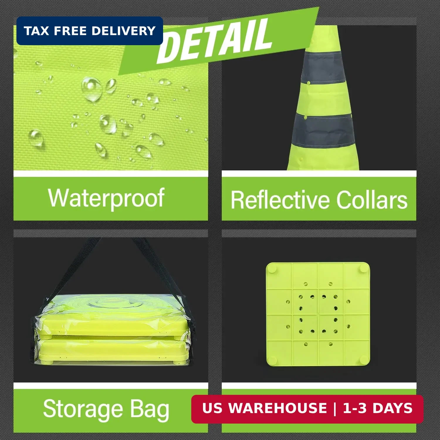 RoadHero 28 Inch 4 Pack Collapsible Traffic Safety Cones, Lime Green Pop-up Cone
