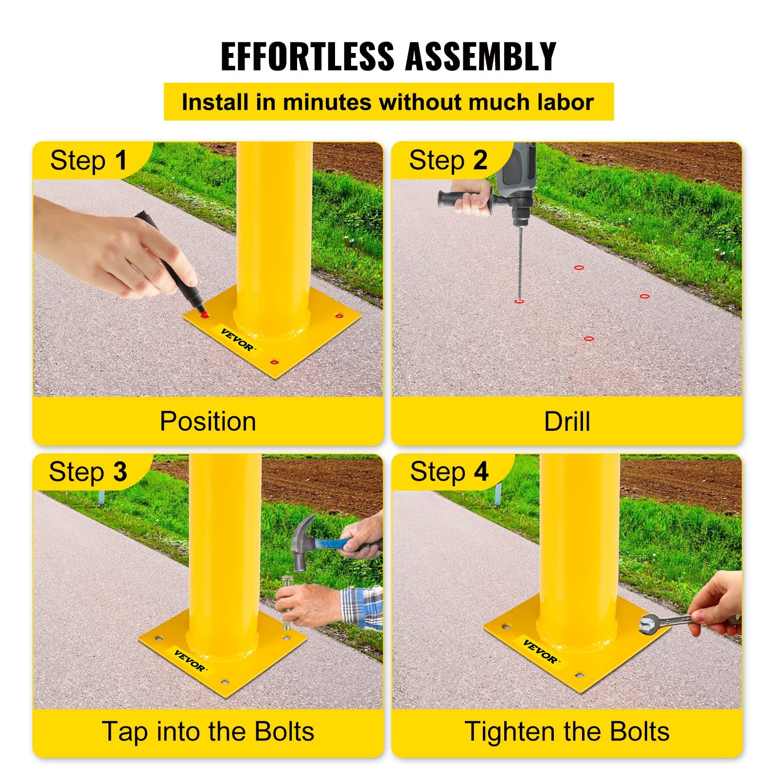 42 Inch Yellow Safety Bollard Q235 Steel Durable Impact Resistant Post