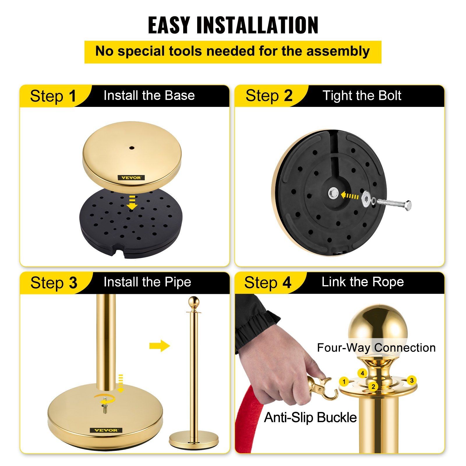Queue Guide Posts Gold 38in 4 Pack with 5ft Red Flannel Rope Set