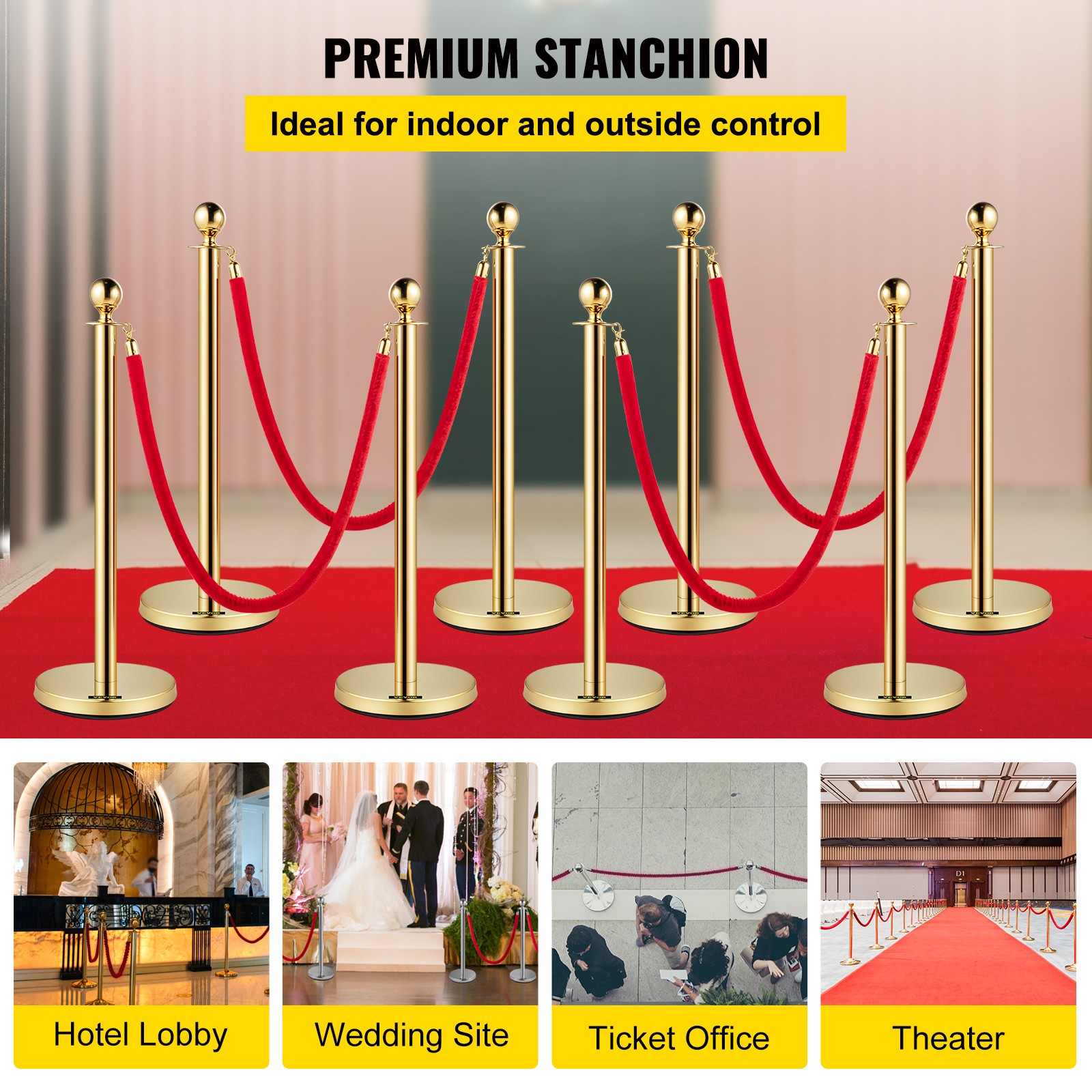 VEVOR Crowd Control Stanchion Stanchion Set 8 Pieces with Red Velvet Rope-Gold