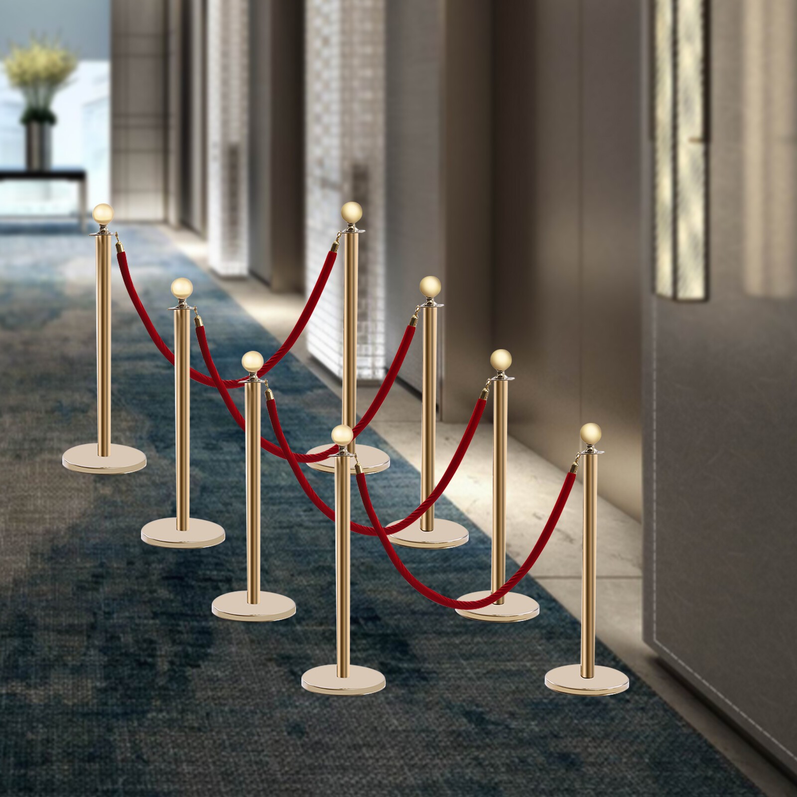 8 PCS Crowd Control Stanchion Gold Posts Set with Red Velvet Rope Queue Barrier!