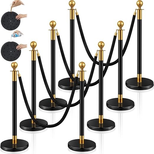 8 Pcs Stainless Steel Stanchions 5 ft Velvet Ropes Crowd Control Barriers Black