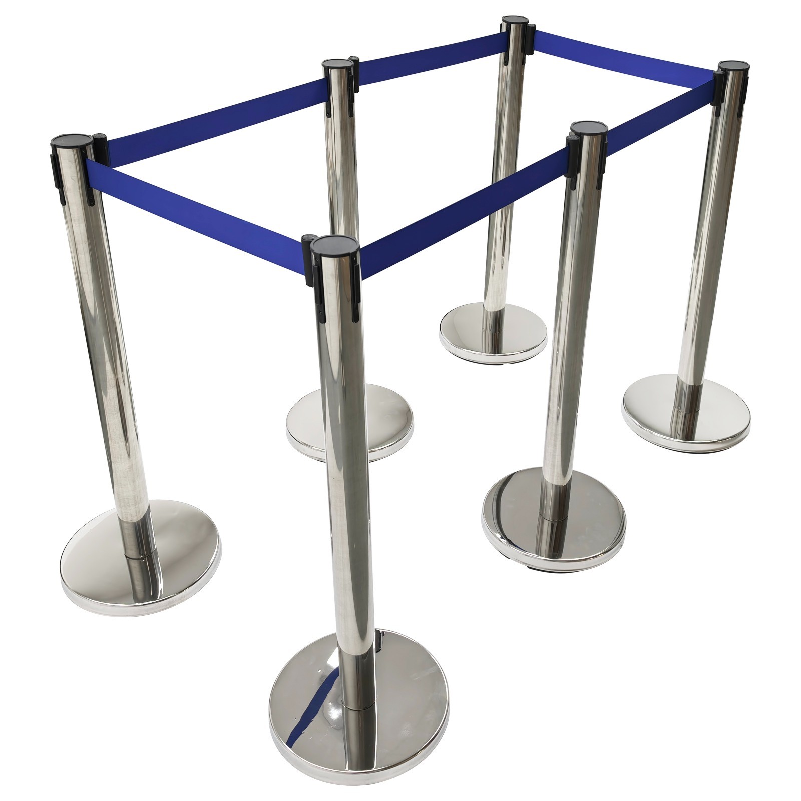 6 PCS Stainless Steel Stanchions with Blue Belts Posts Covers and Bases Blue Ret