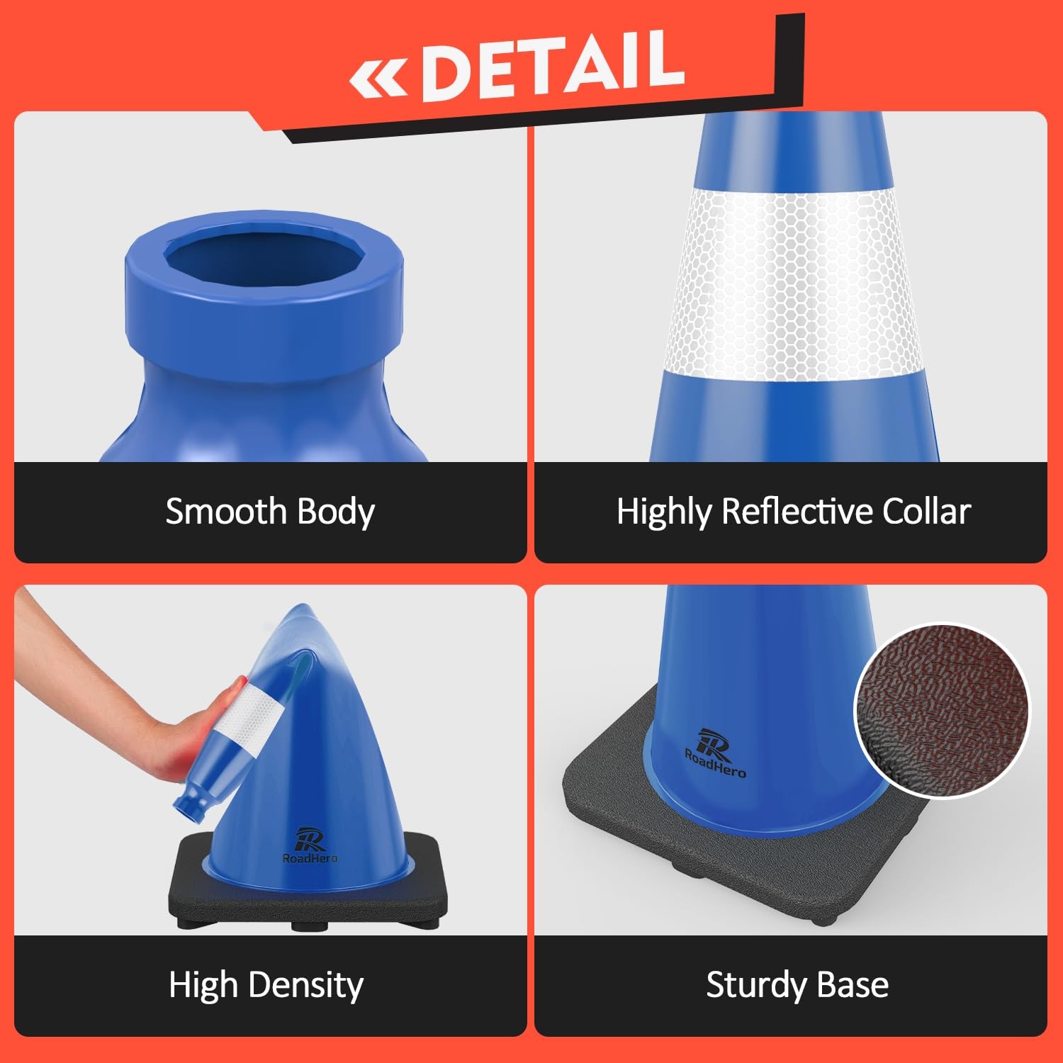 RoadHero 4 Pack Traffic Safety Cones 18 Inch with Black Weighted Base, Plasti…