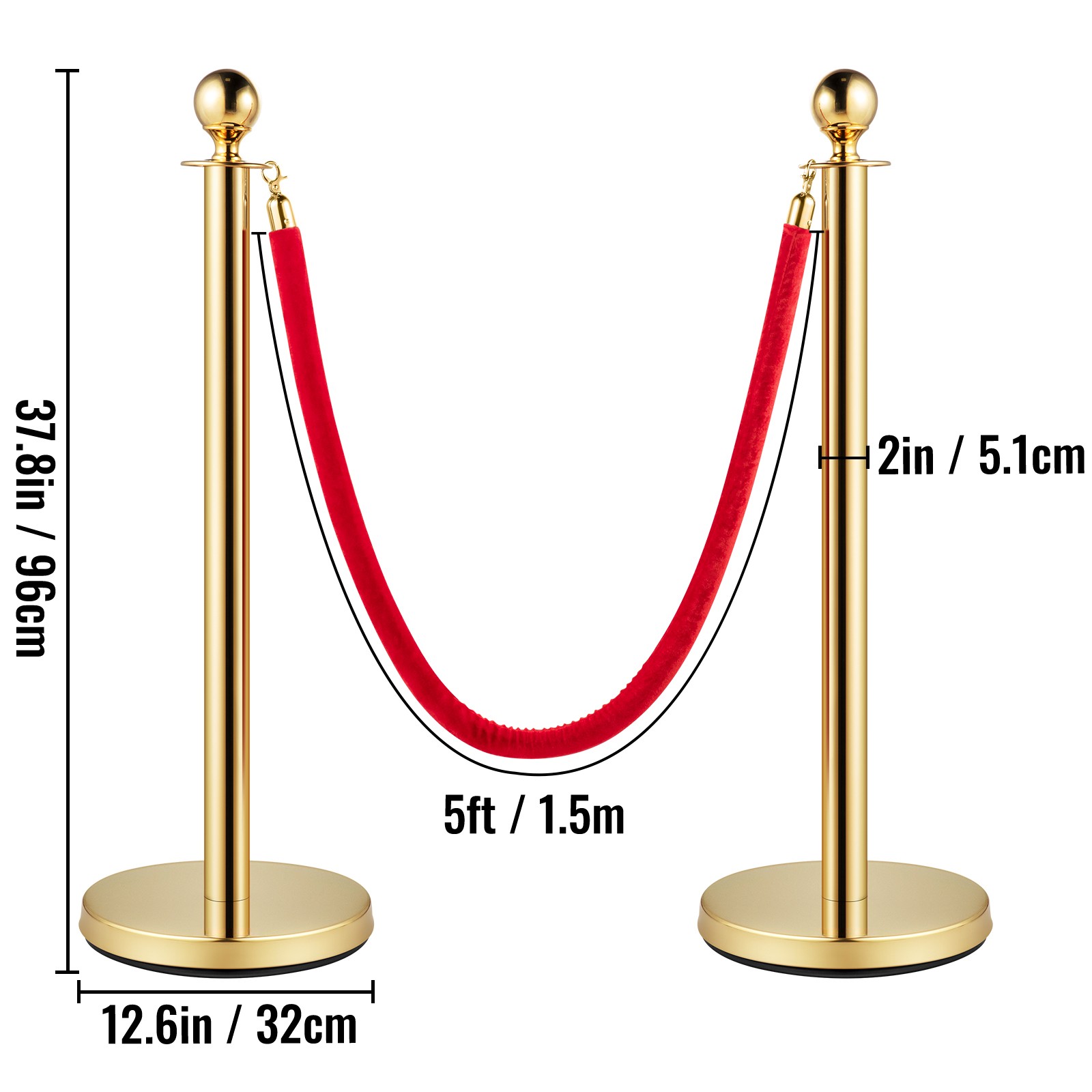 VEVOR Velvet Ropes and Posts Gold Stanchion 5ft/1.5m Crowd Control Barriers 6PCS