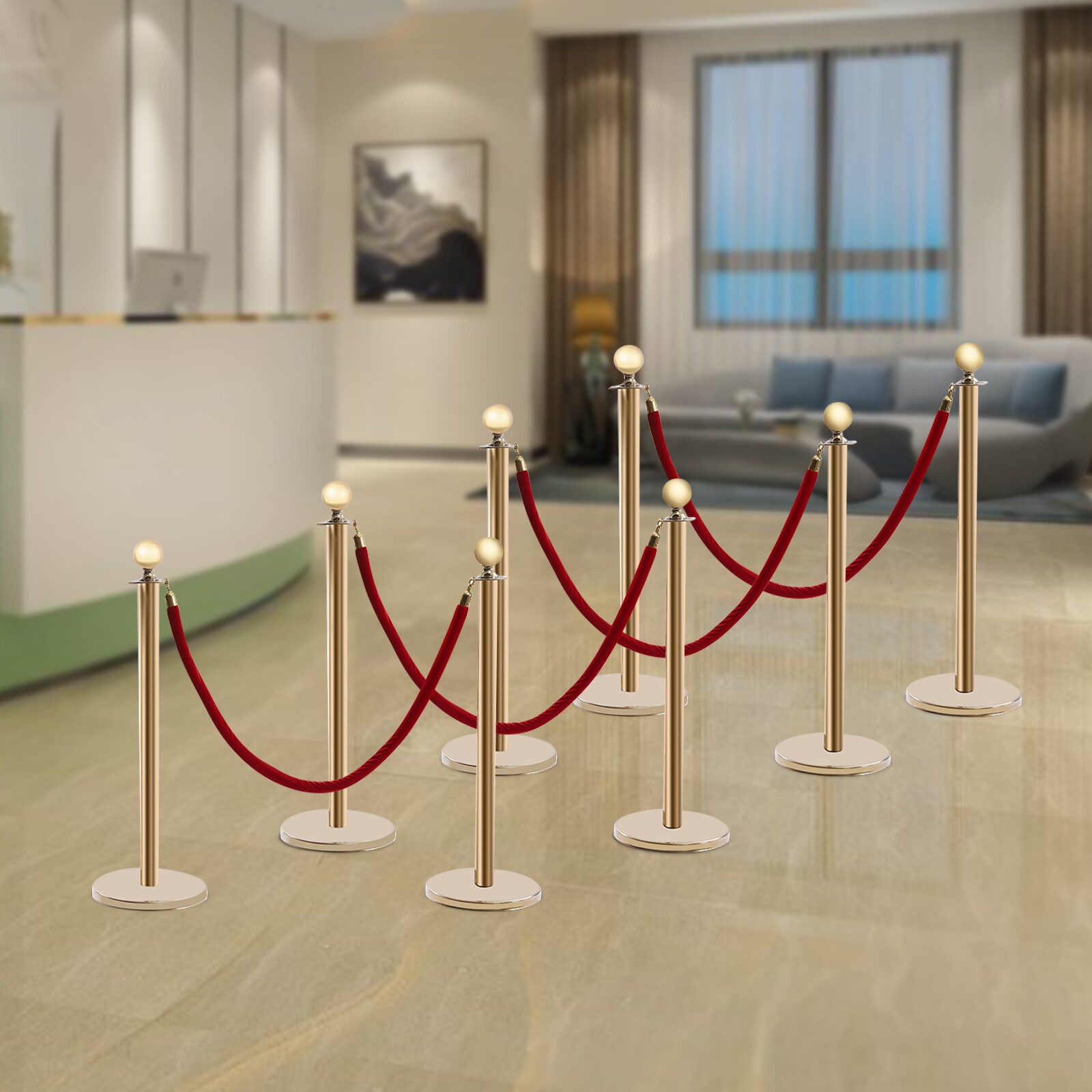 8 PCS Crowd Control Stanchion Gold Posts Set with Red Velvet Rope Queue Barrier!