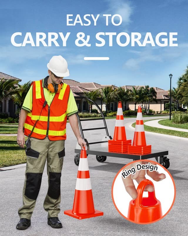 BATTIFE 28 Inch Traffic Safety Cones 6 pcs with Reflective Collars, PVC Orange C