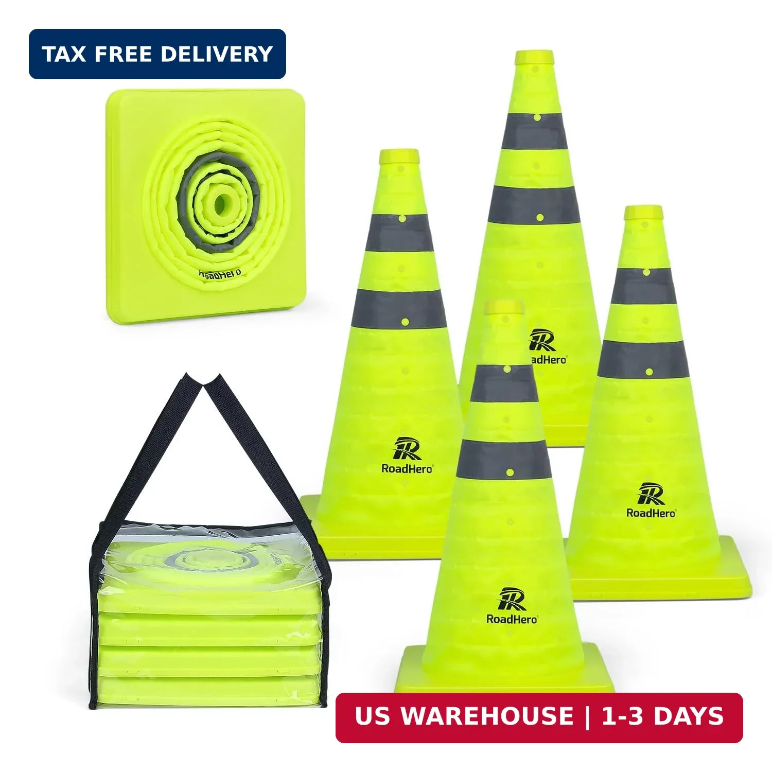 RoadHero 18 Inch 4 Pack Collapsible Traffic Safety Cones, Lime Green Pop-up Cone