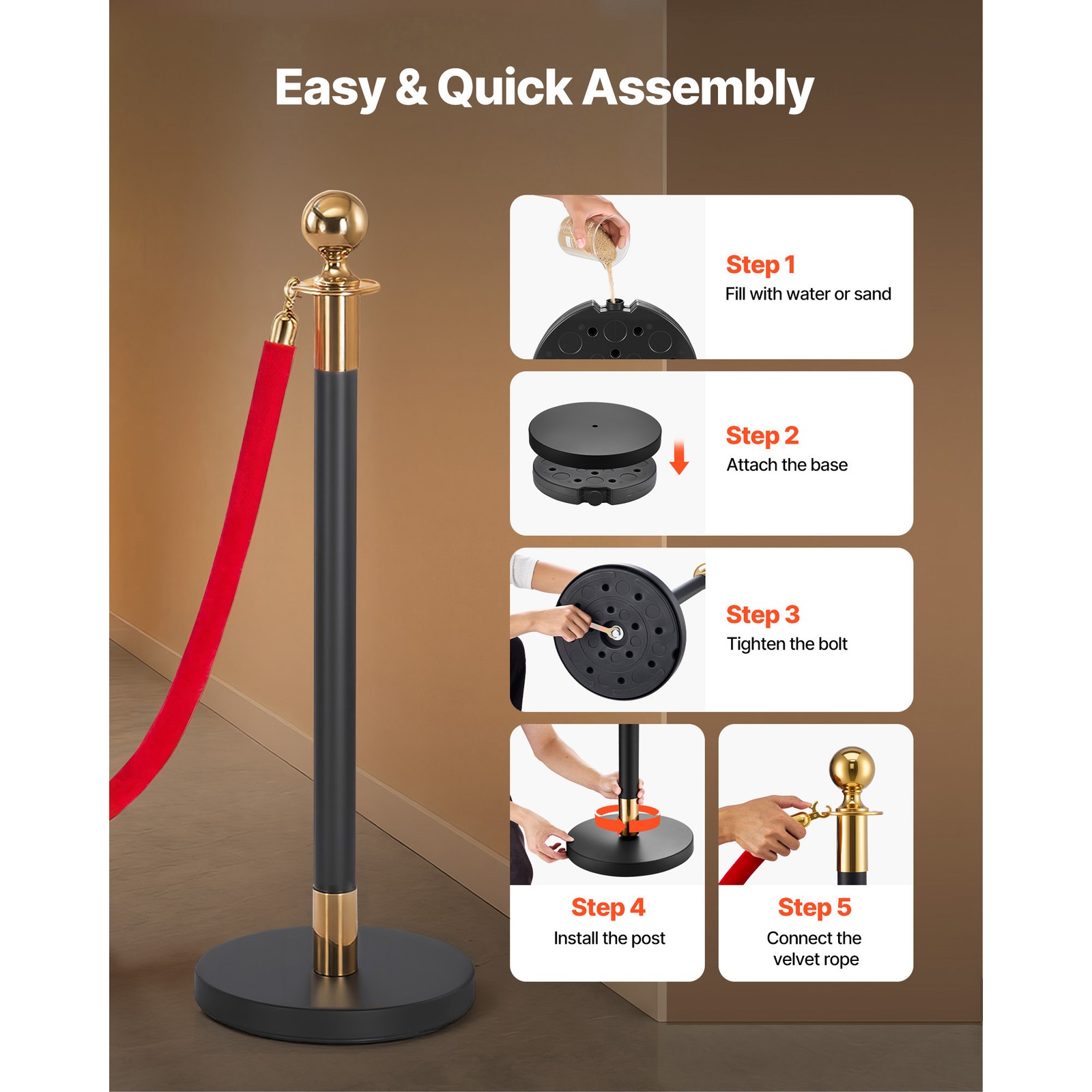 Uimoso 6-Piece Stanchion Set with Red Carpet & 4 Velvet Ropes,Hollow Base, Black