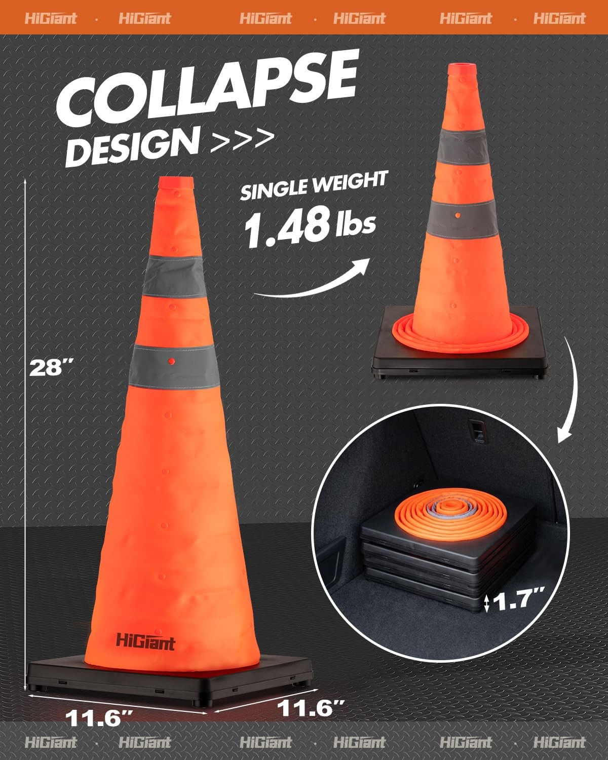 HiGiant [4 Pack] 28 Inch Orange Collapsible Cones with Black Base, Traffic Co…