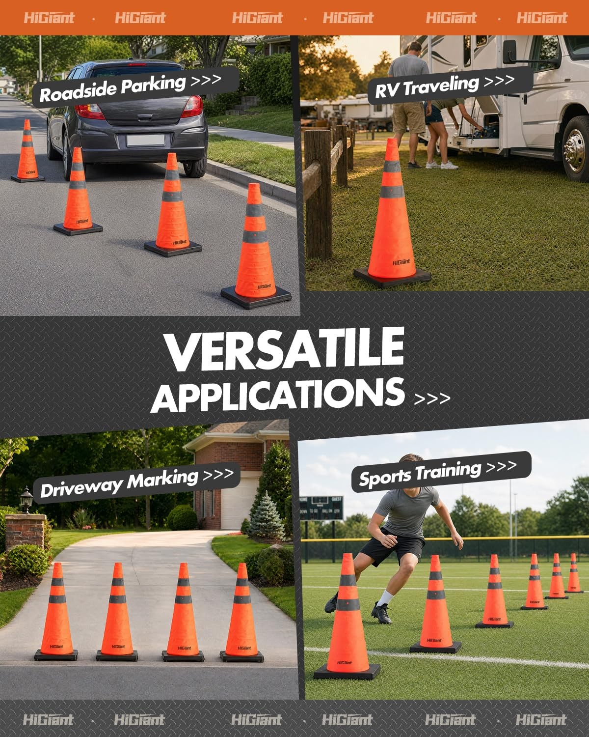 HiGiant [4 Pack] 28 Inch Orange Collapsible Cones with Black Base, Traffic Co…