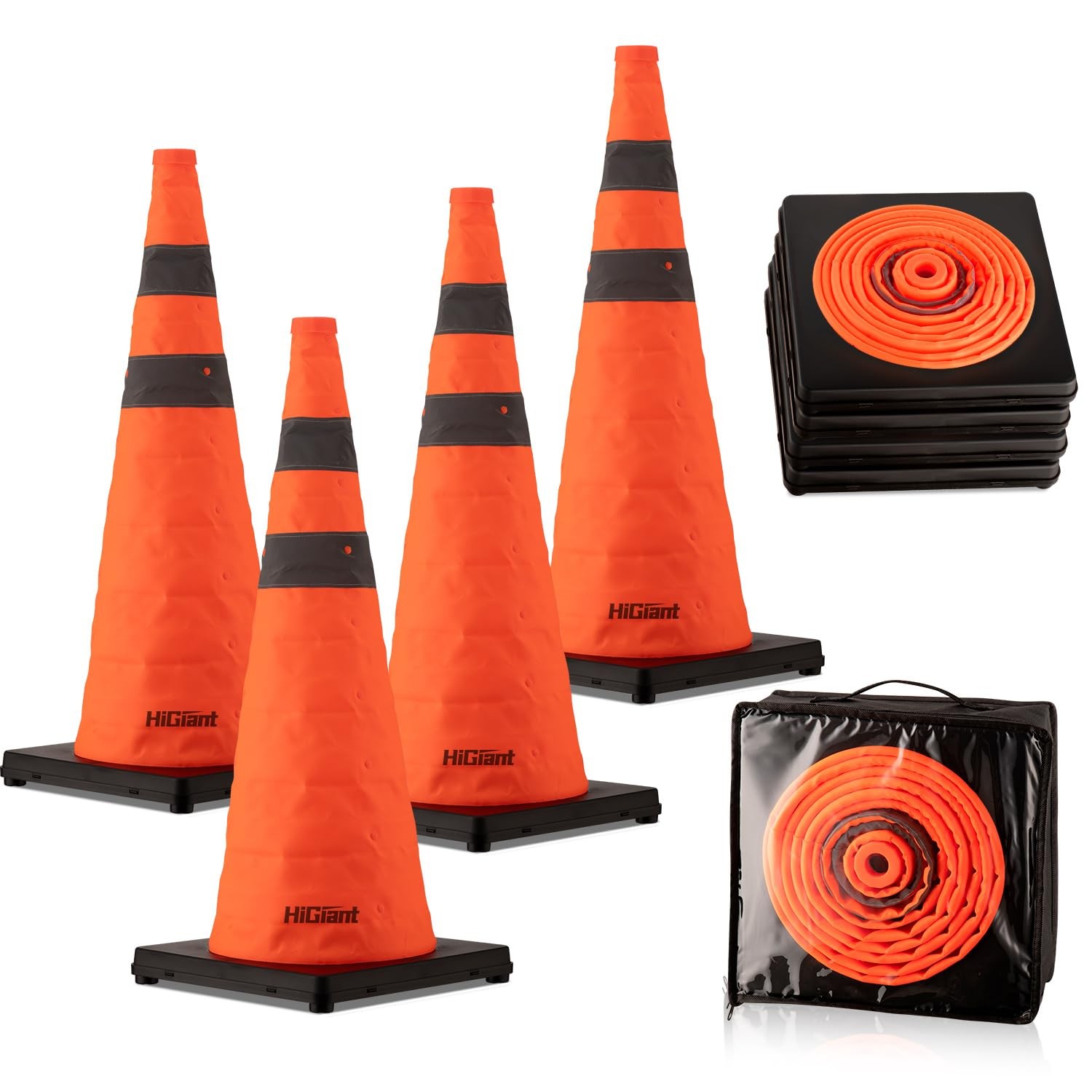 HiGiant [4 Pack] 28 Inch Orange Collapsible Cones with Black Base, Traffic Co…