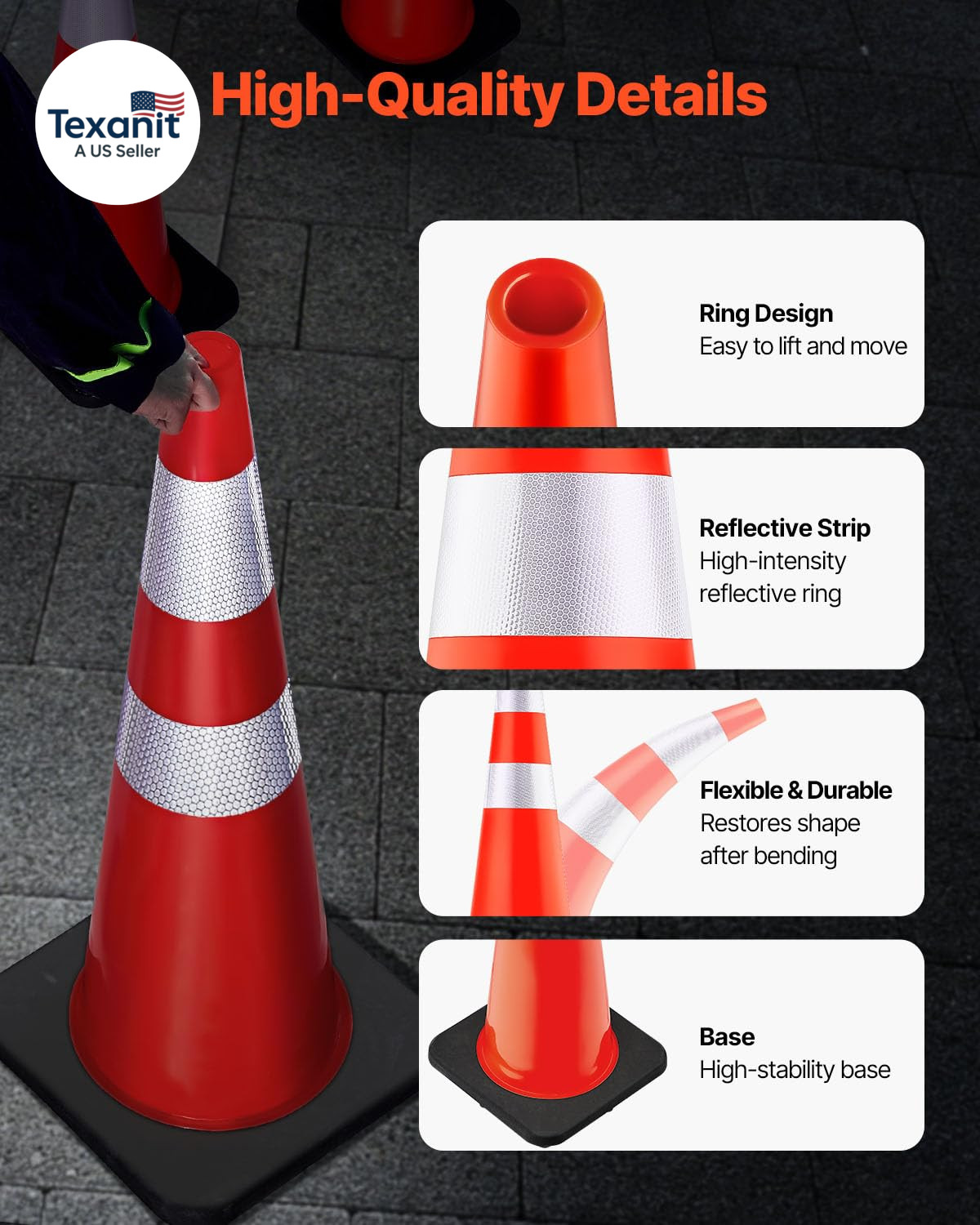 Safety Cones, 6 Pack 36″ Traffic Cones, PVC Orange Construction Cones with Refle