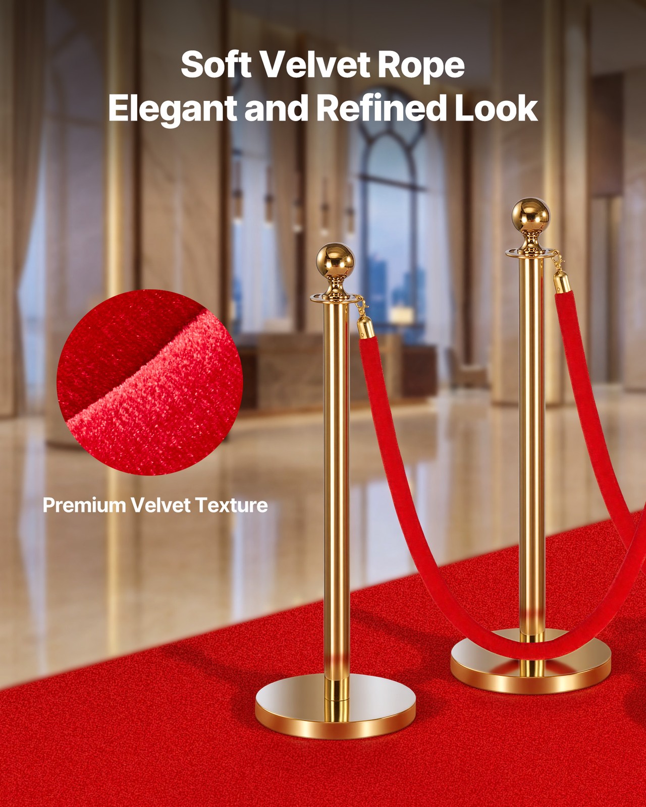 VEVOR 2 Pcs Red Velvet Stanchion Ropes 5 ft Stanchion Post Ropes with Gold Hooks