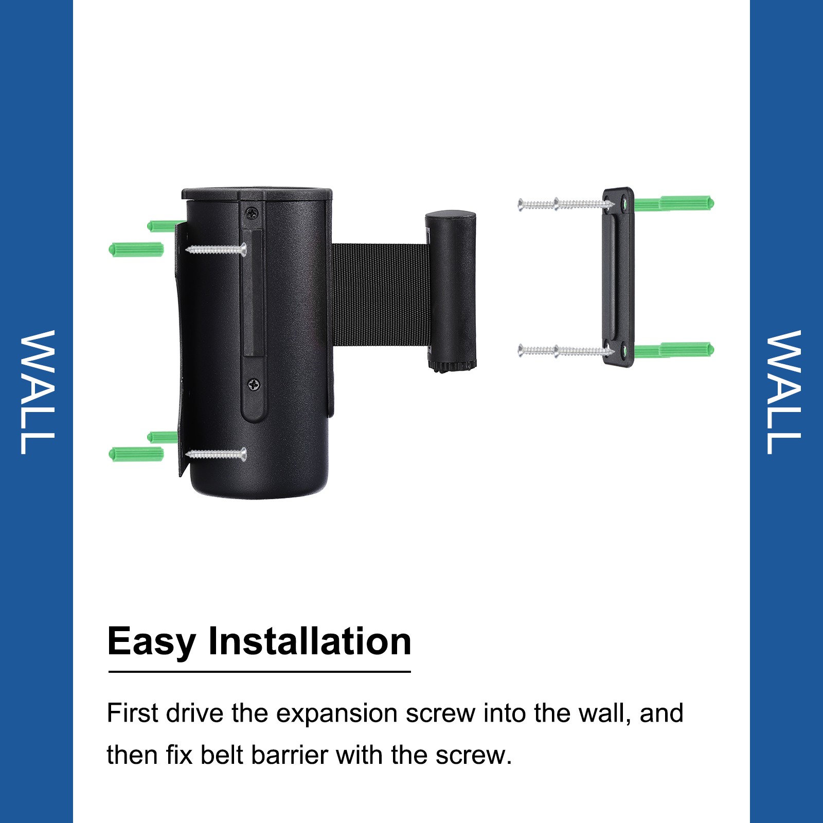 Fixed Wall Mount Retractable Belt Barrier, 10 Feet Black Color Belt