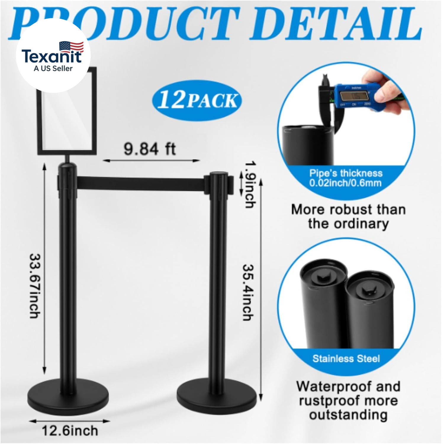 12 Pack Heavy Duty Crowd Control Stanchions Stainless Steel Stanchion Set with S