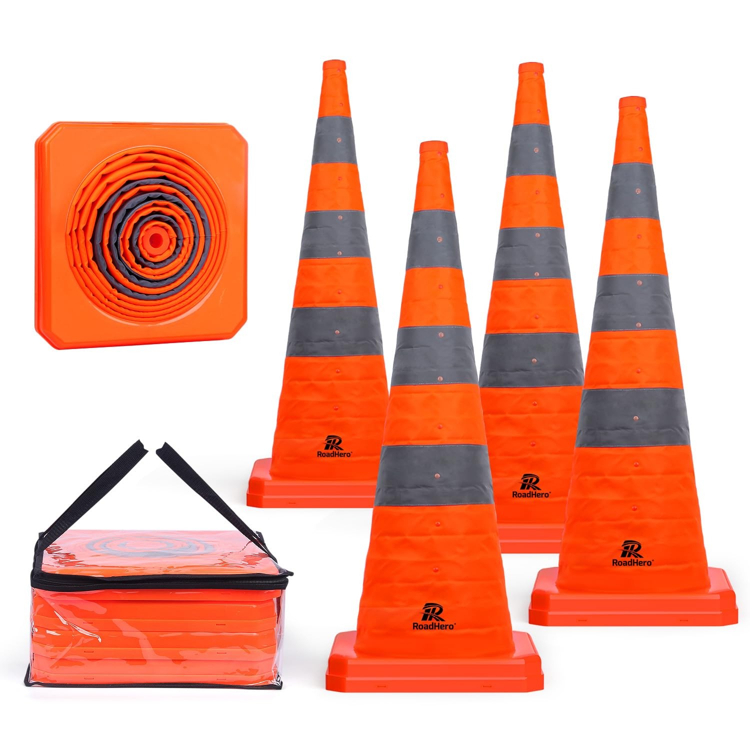 RoadHero 36 Inch 4 Pack Collapsible Traffic Safety Cones, Multi Purpose Pop-u…