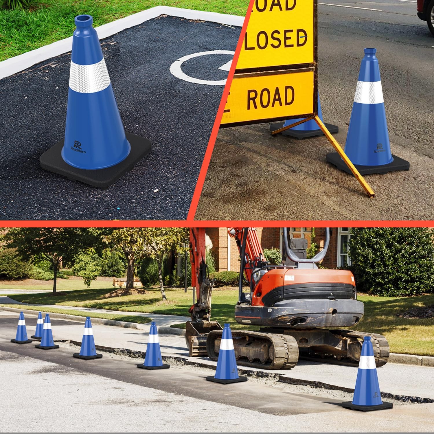 RoadHero 4 Pack Traffic Safety Cones 18 Inch with Black Weighted Base, Plasti…