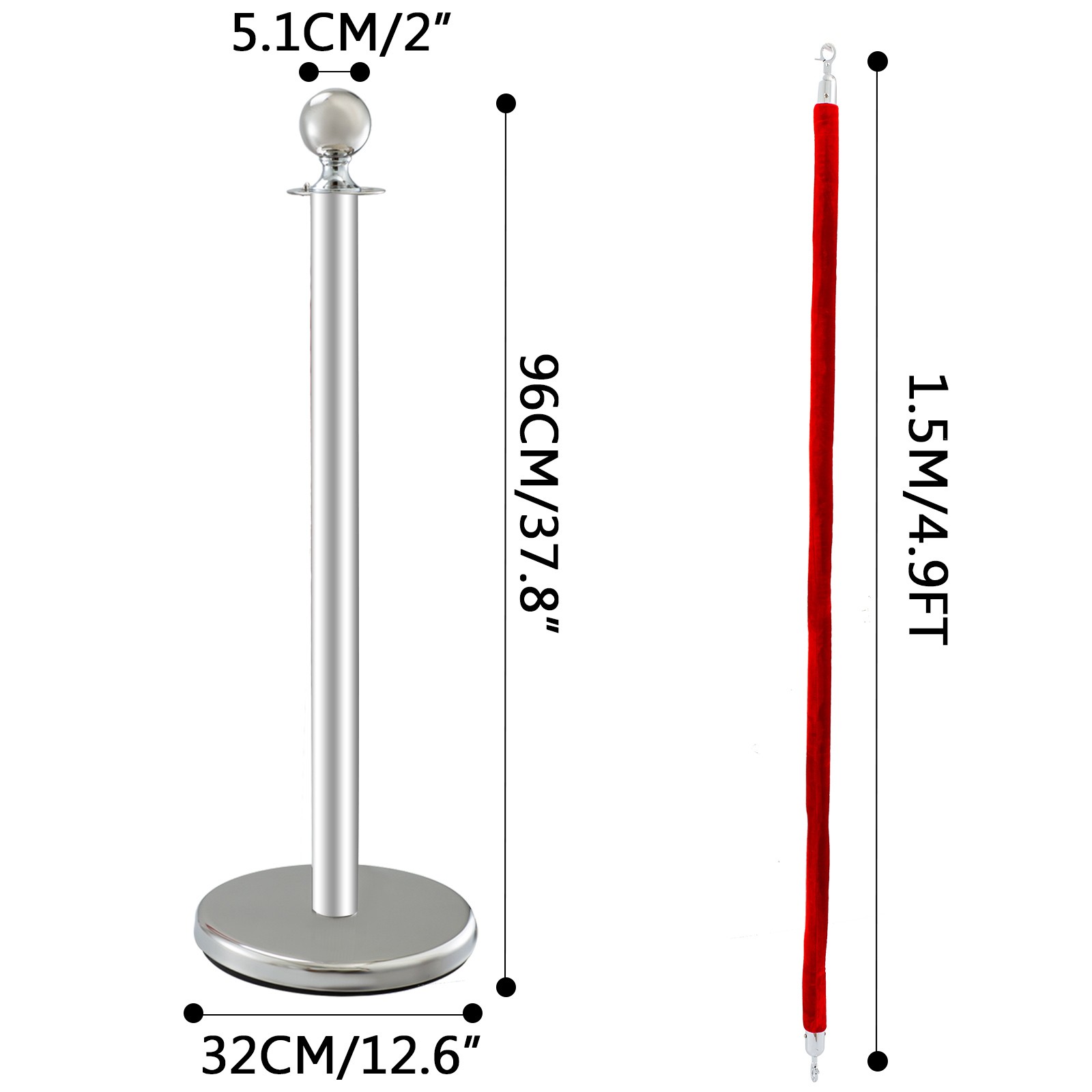 Crowd Control Stanchion Silver 4×37.8″ Pack 3 Ropes Queue Posts Stable Red