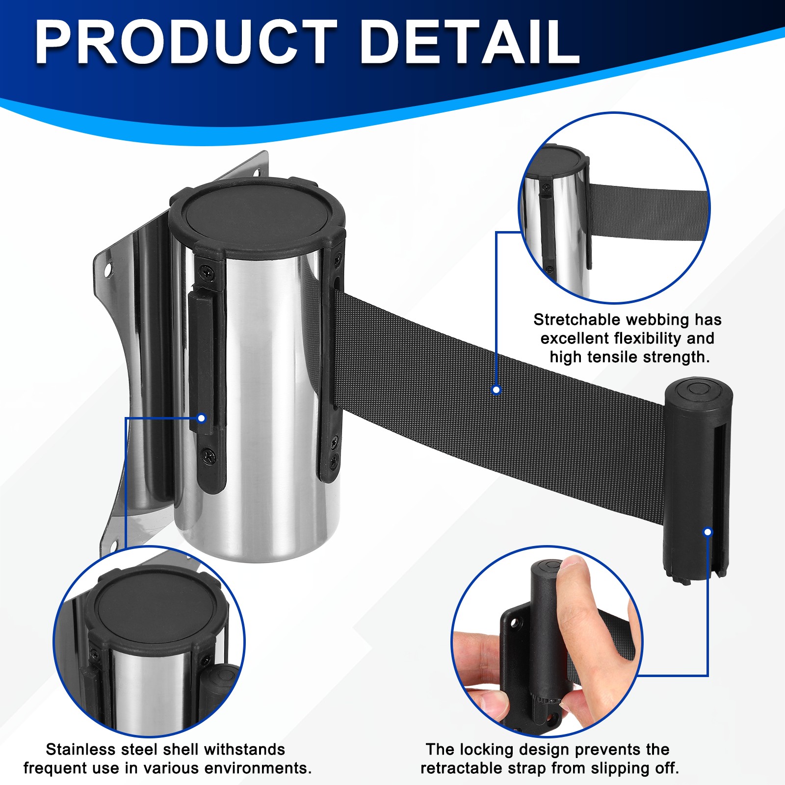 Fixed Wall Mount Retractable Belt Barrier (10 Feet, Black) (1 Pcs)