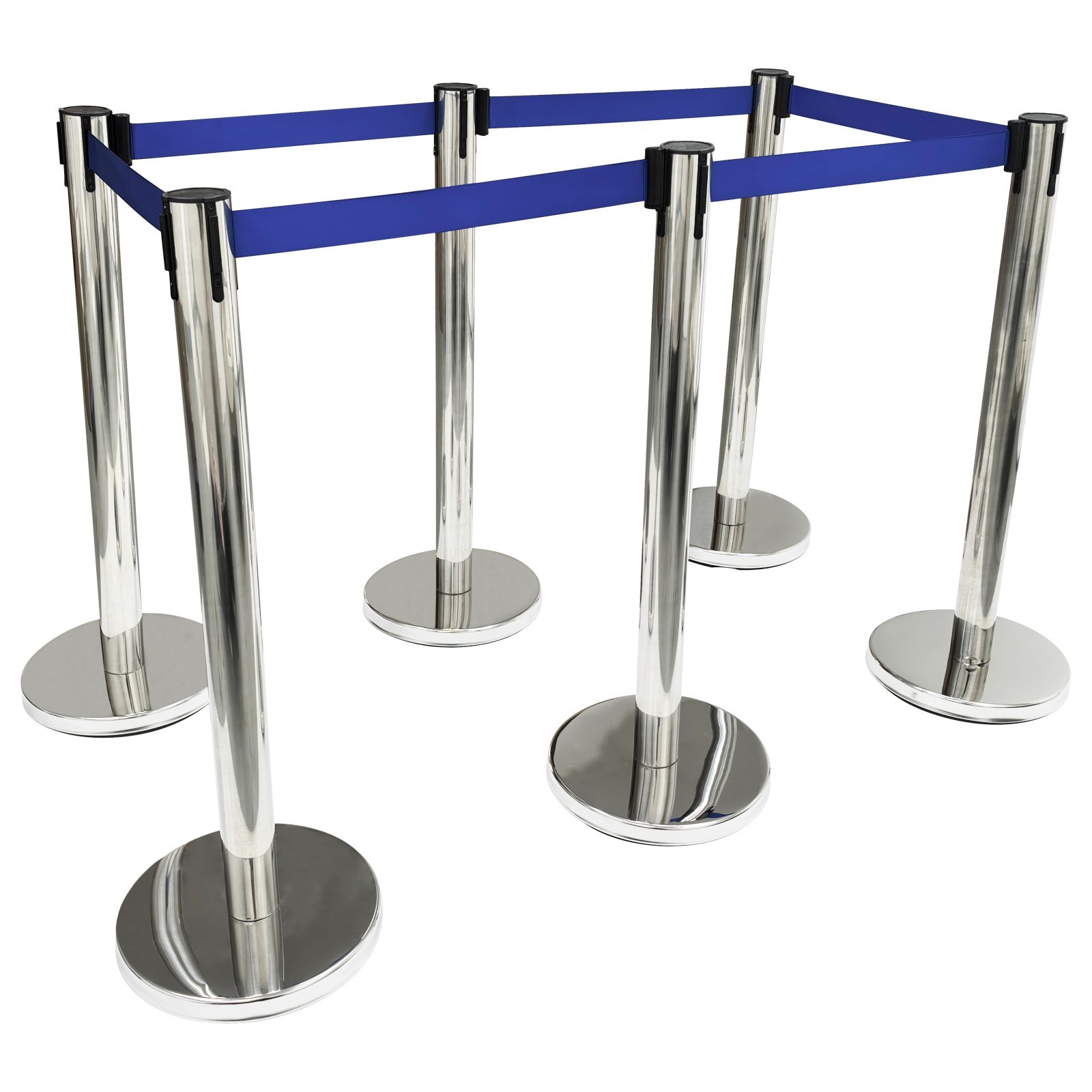 6 PCS Stainless Steel Stanchions with Blue Belts Posts Covers and Bases Blue Ret