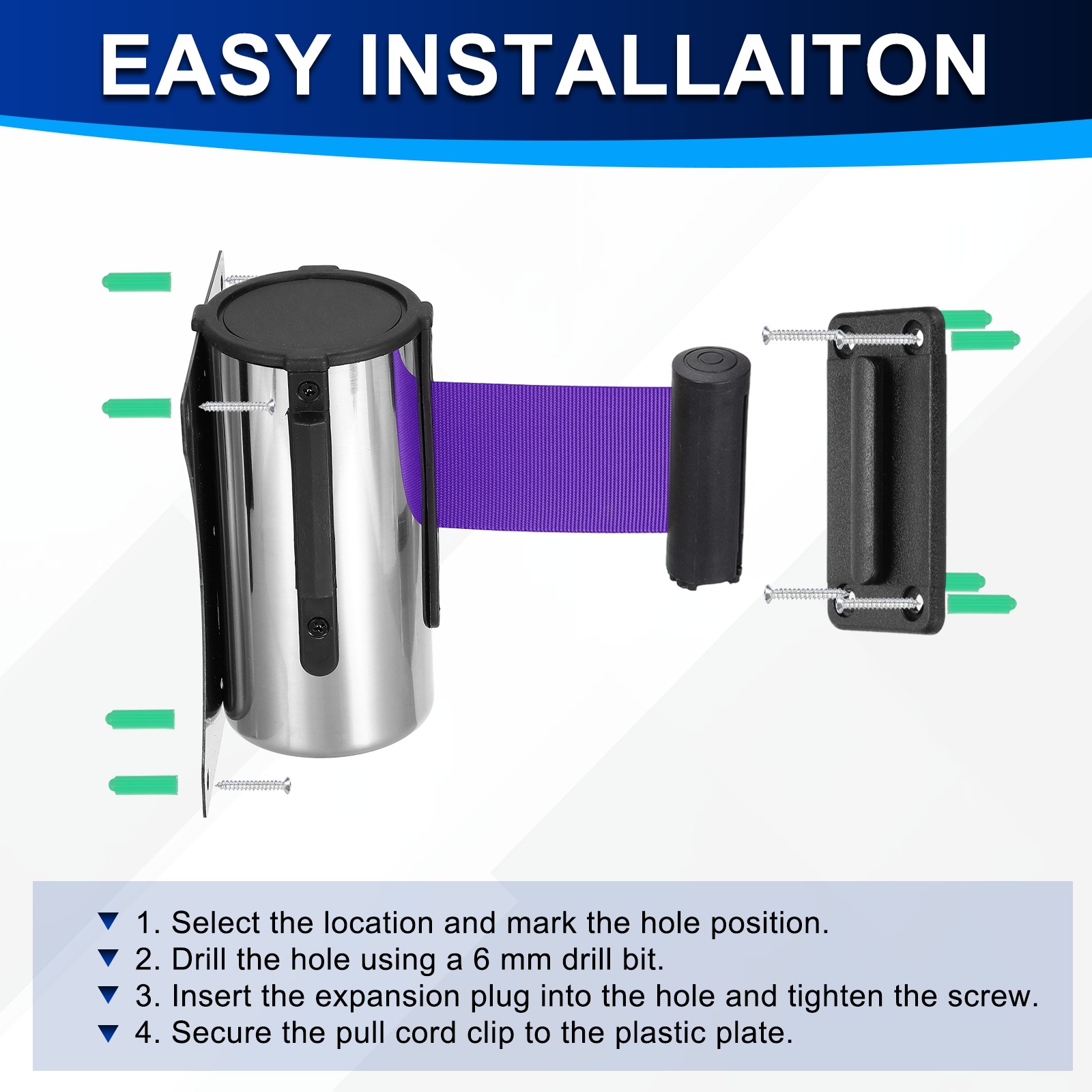 Fixed Wall Mount Retractable Belt Barrier (10 Feet, Purple) (1 Pcs)