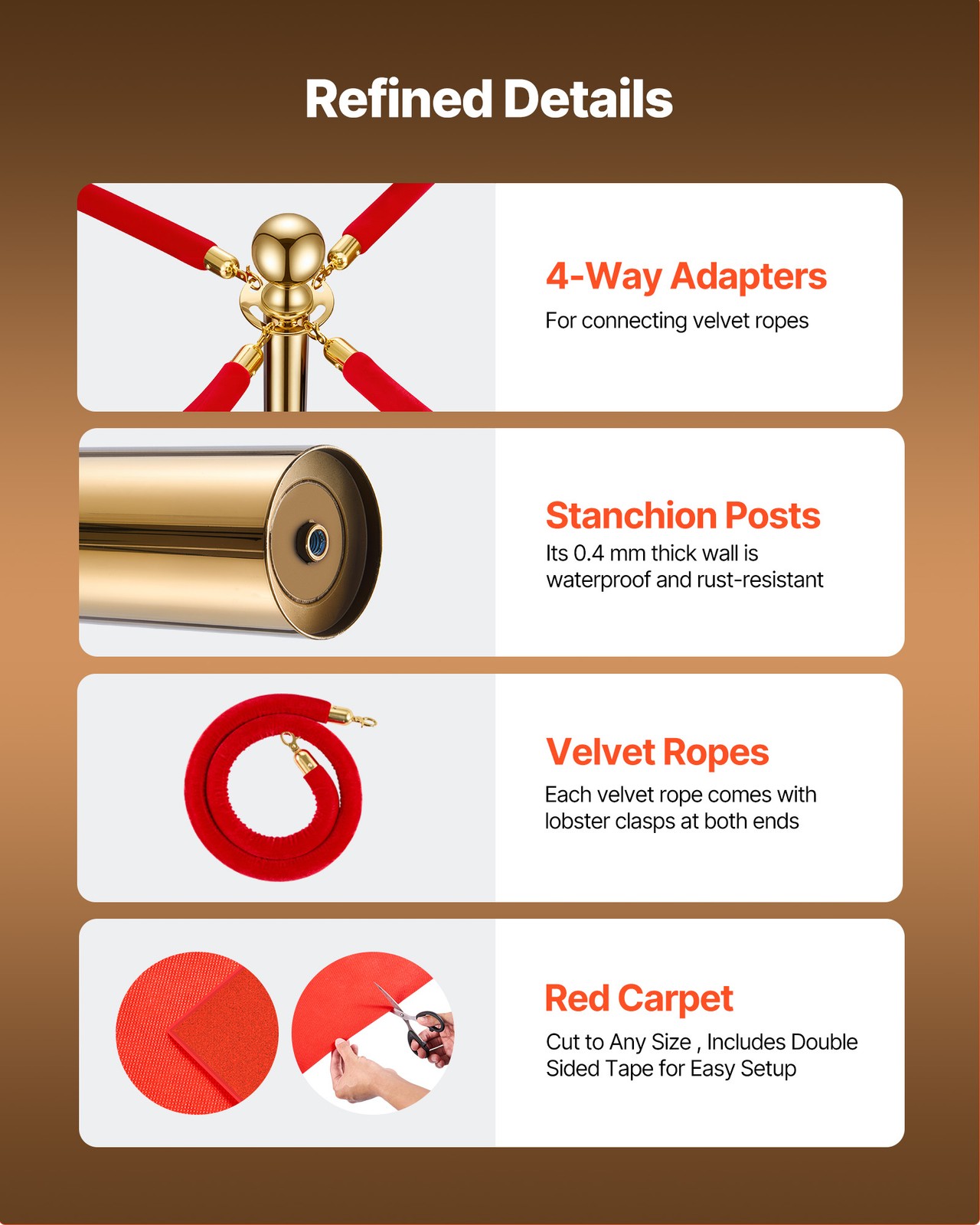 VEVOR 8 Pcs Stanchion Post with Red Carpet & 6 Red Velvet Ropes Hollow Base Gold