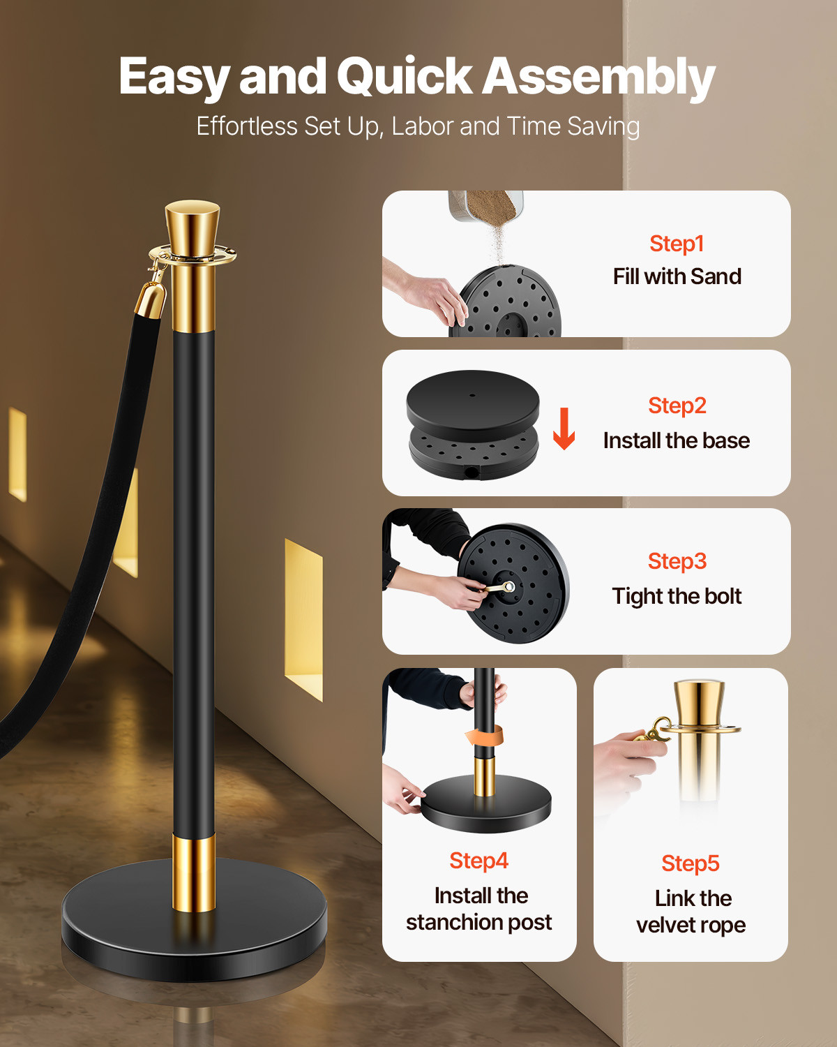 6 Pcs Stanchion Post with 4 Black Velvet Ropes Sand Injection Hollow Base