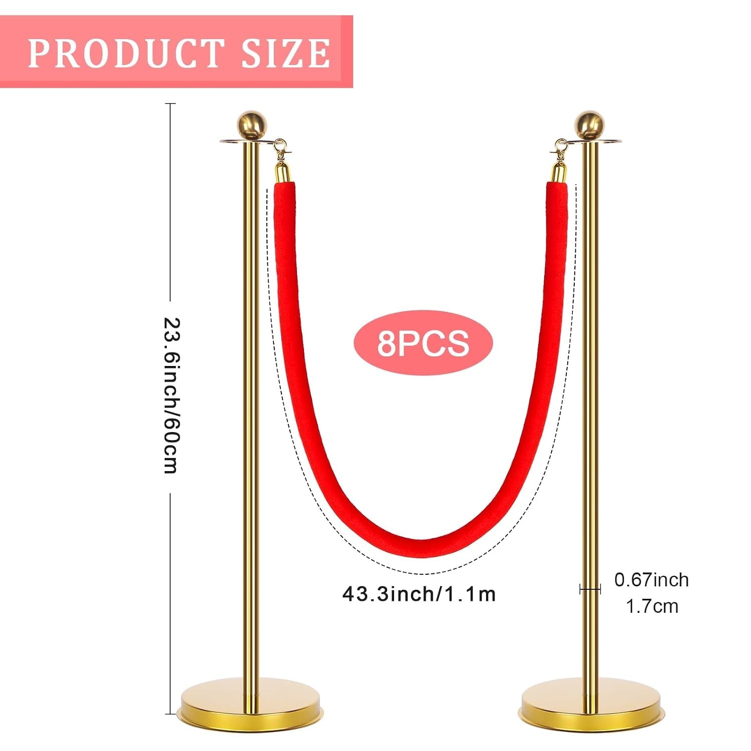 8 Post Red Carpet Party Stanchions 27.5″ SHORT Lightweight Posts Velvet Ropes