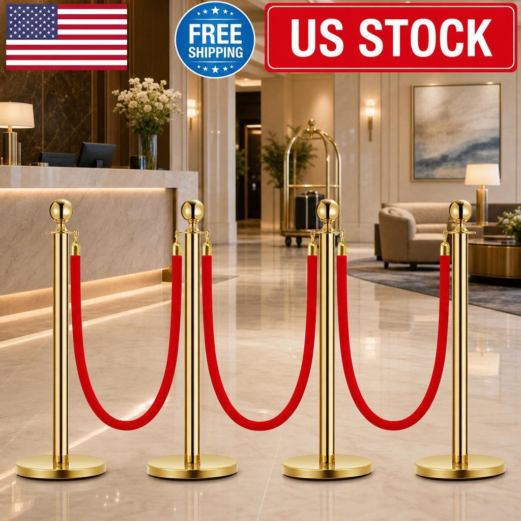 Crowd Control with Ropes, 4PCS Gold Stanchions and 3PCS Red Flannel Rop Barriers