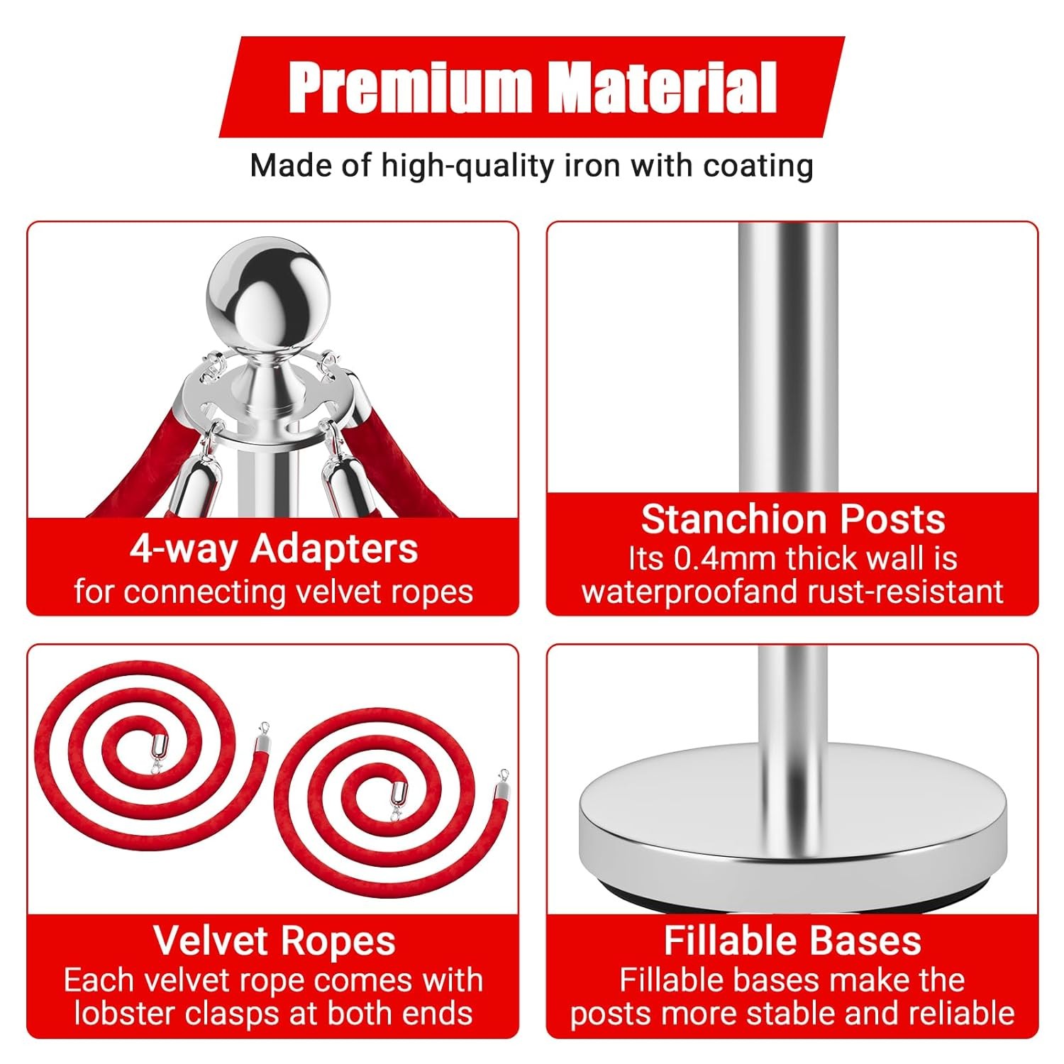 Stainless Steel Stanchion Post Queue 5FT Velvet Carpet Ropes Pole Crowd Control