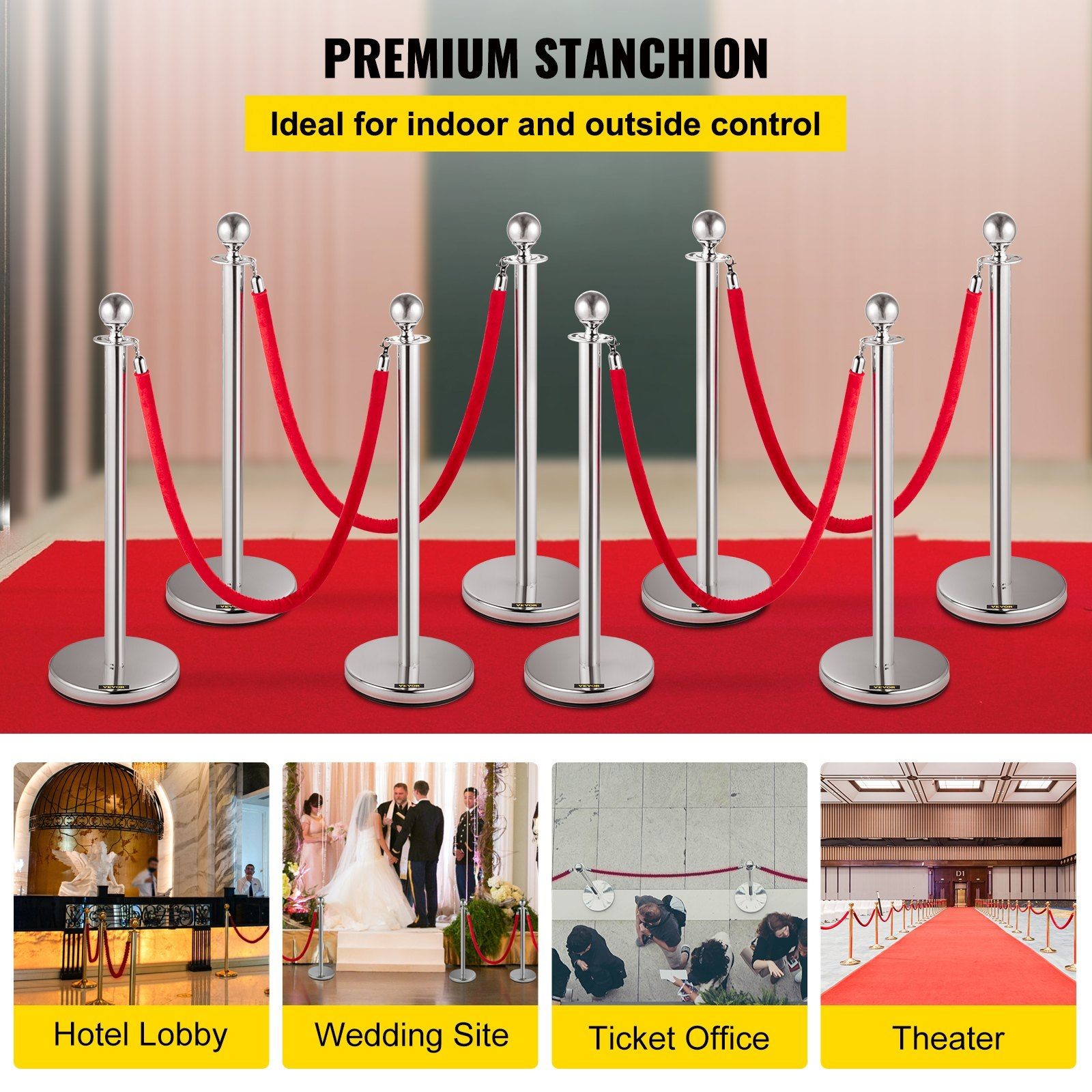 8PCS Stainless Steel Crowd Control Stanchions with 5ft Red Flannel Ropes