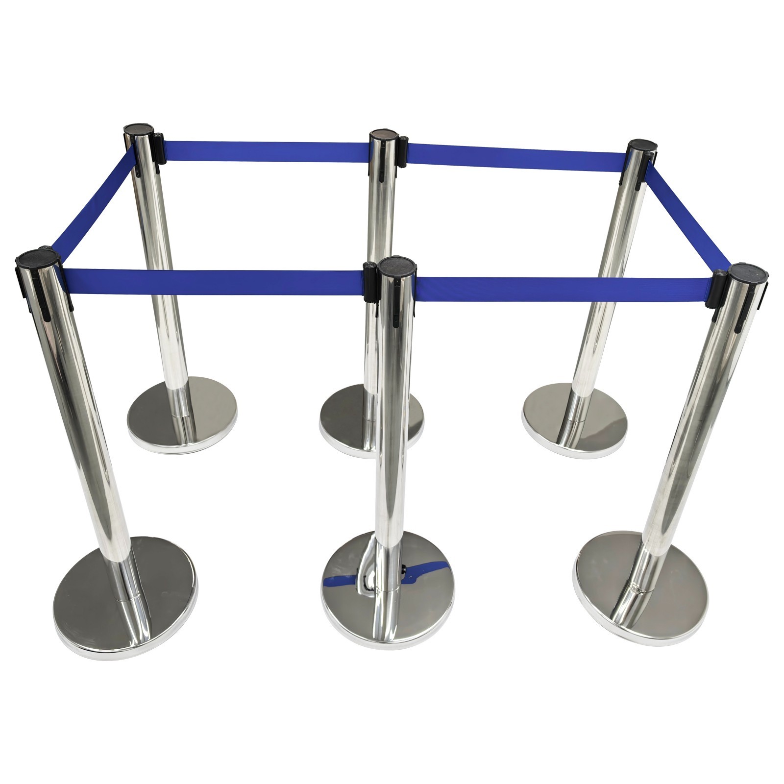 6 PCS Stainless Steel Stanchions with Blue Belts Posts Covers and Bases Blue Ret