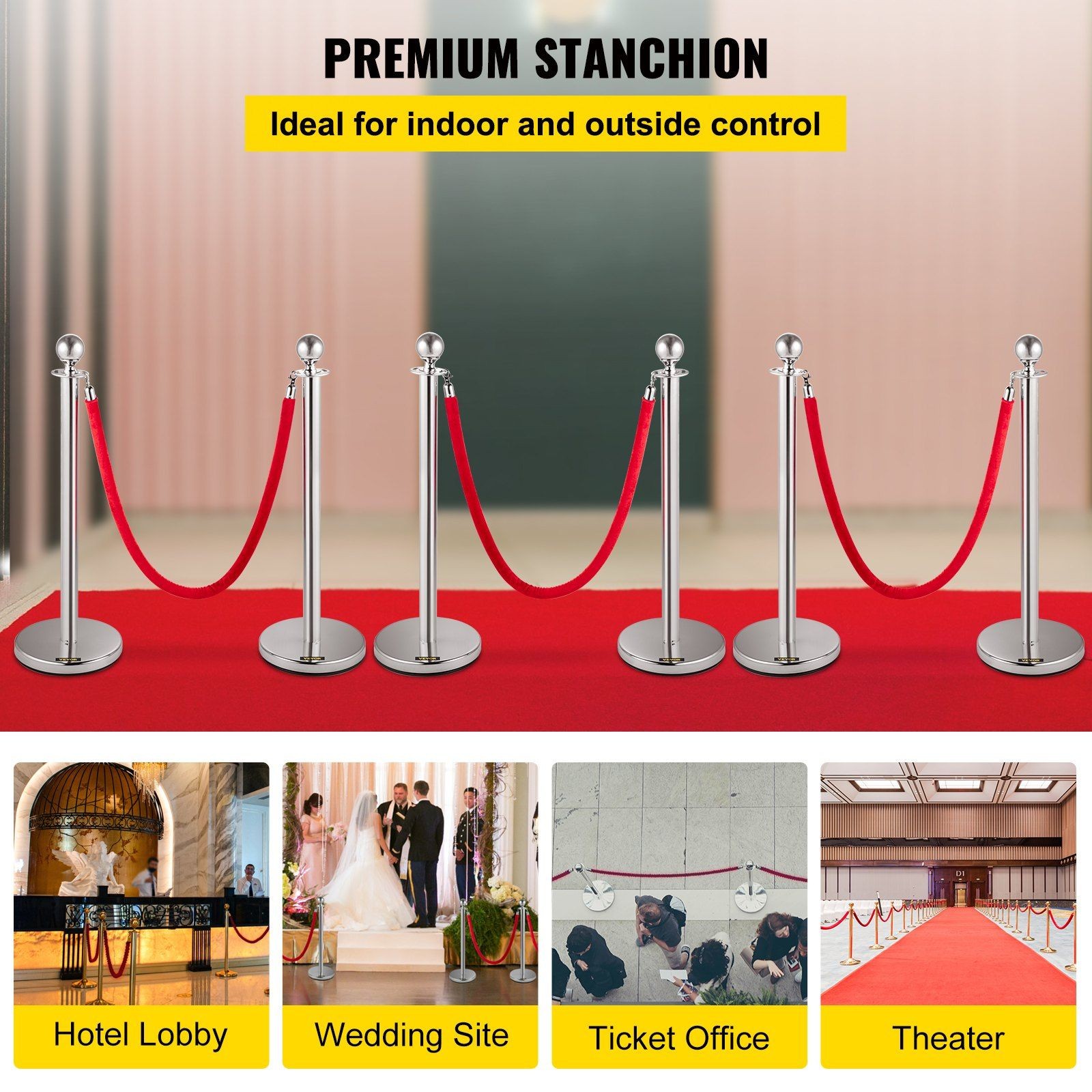 6PCS Indoor Outdoor Crowd Control Stanchions 37.4in Red Rope Set