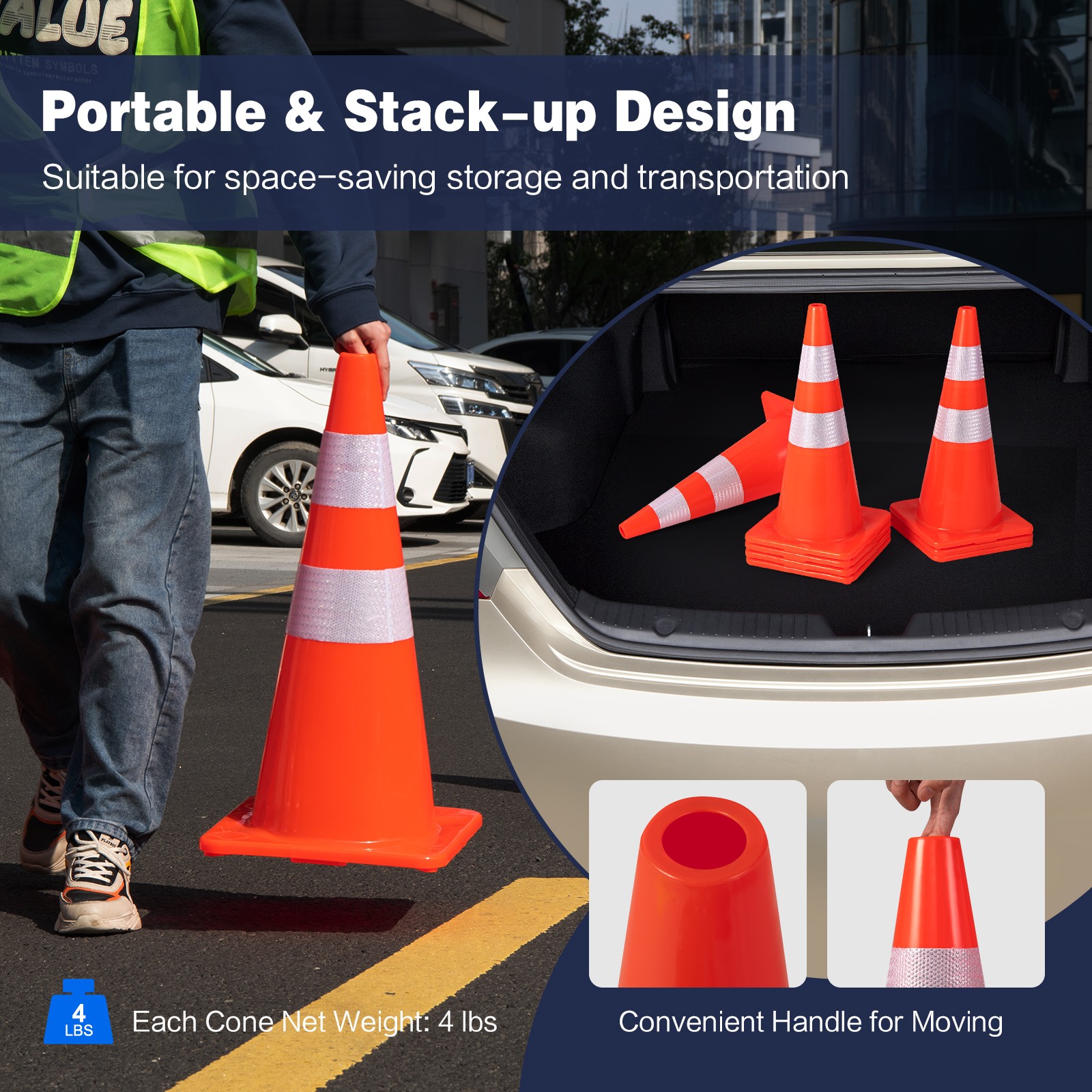 8 Pack Traffic Safety Cones 28″ PVC Road Parking Cones with Reflective Collar